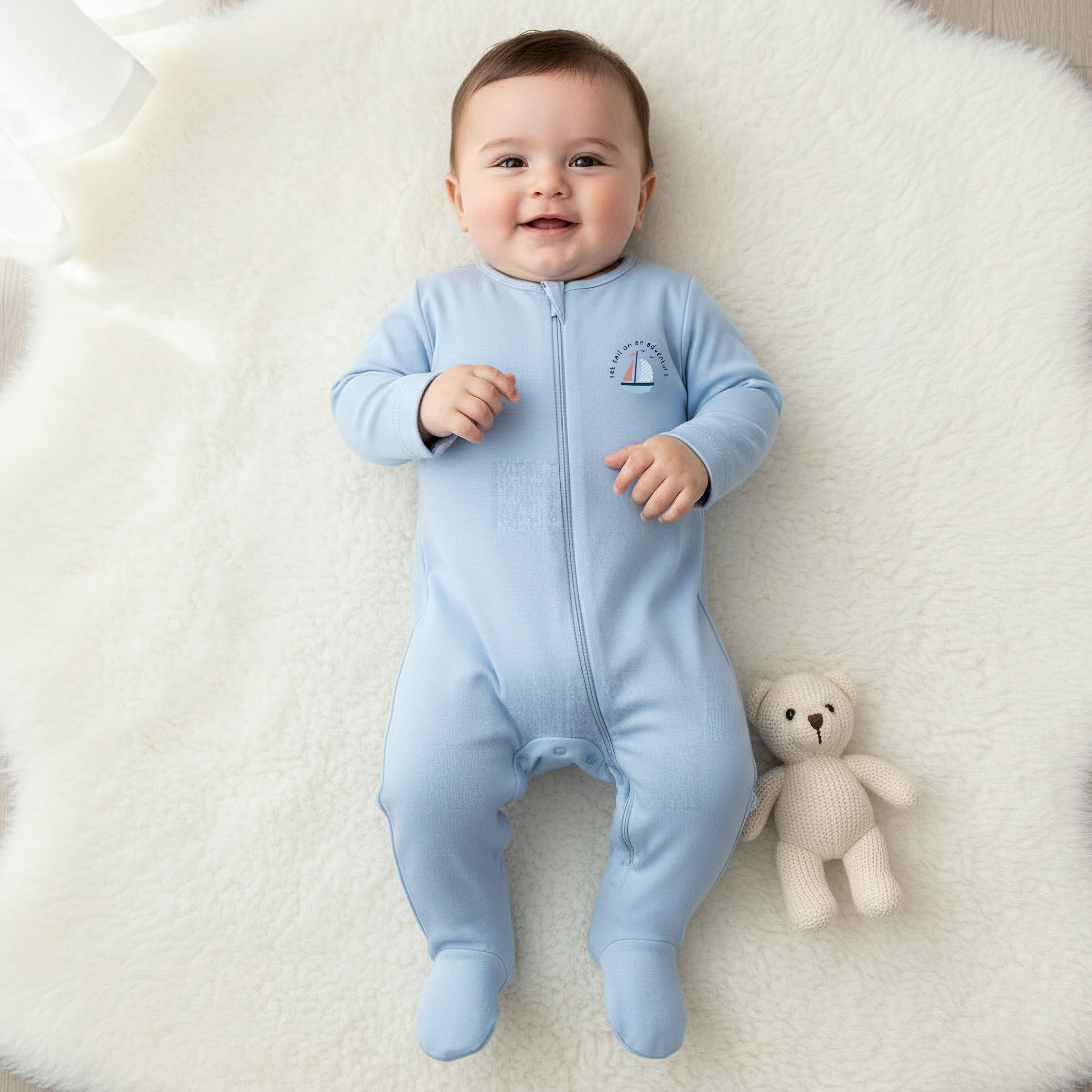 Pack of 5 Juniors Cotton Round Neck Long Sleeves Sleepsuit with Zip Closure-baby-boys-clothing-nightwear-sleepsuits-image-2