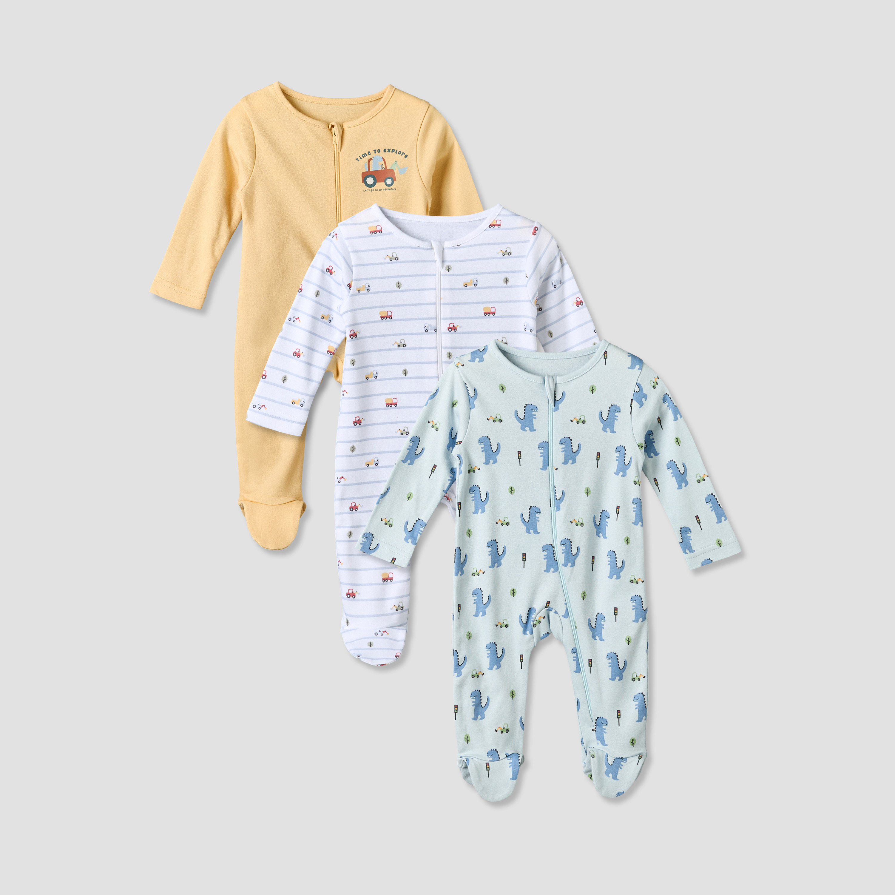 بدلات نوم قطن بياقة ضيقة وسحاب إغلاق وأكمام طويلة من جونيورز - عبوة 3 قطع-baby-boys-clothing-nightwear-sleepsuits-image-1