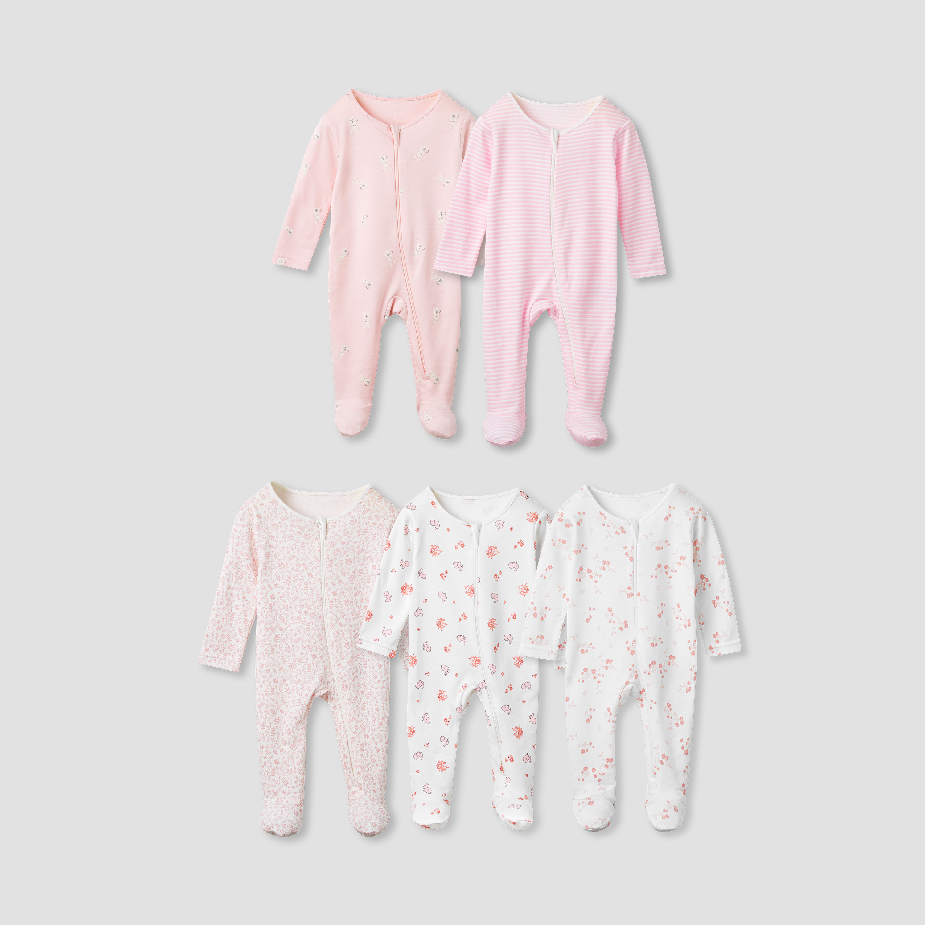 Juniors Printed Sleepsuit with Long Sleeves - Set of 5-baby-girls-clothing-nightwear-sleepsuits-image-1