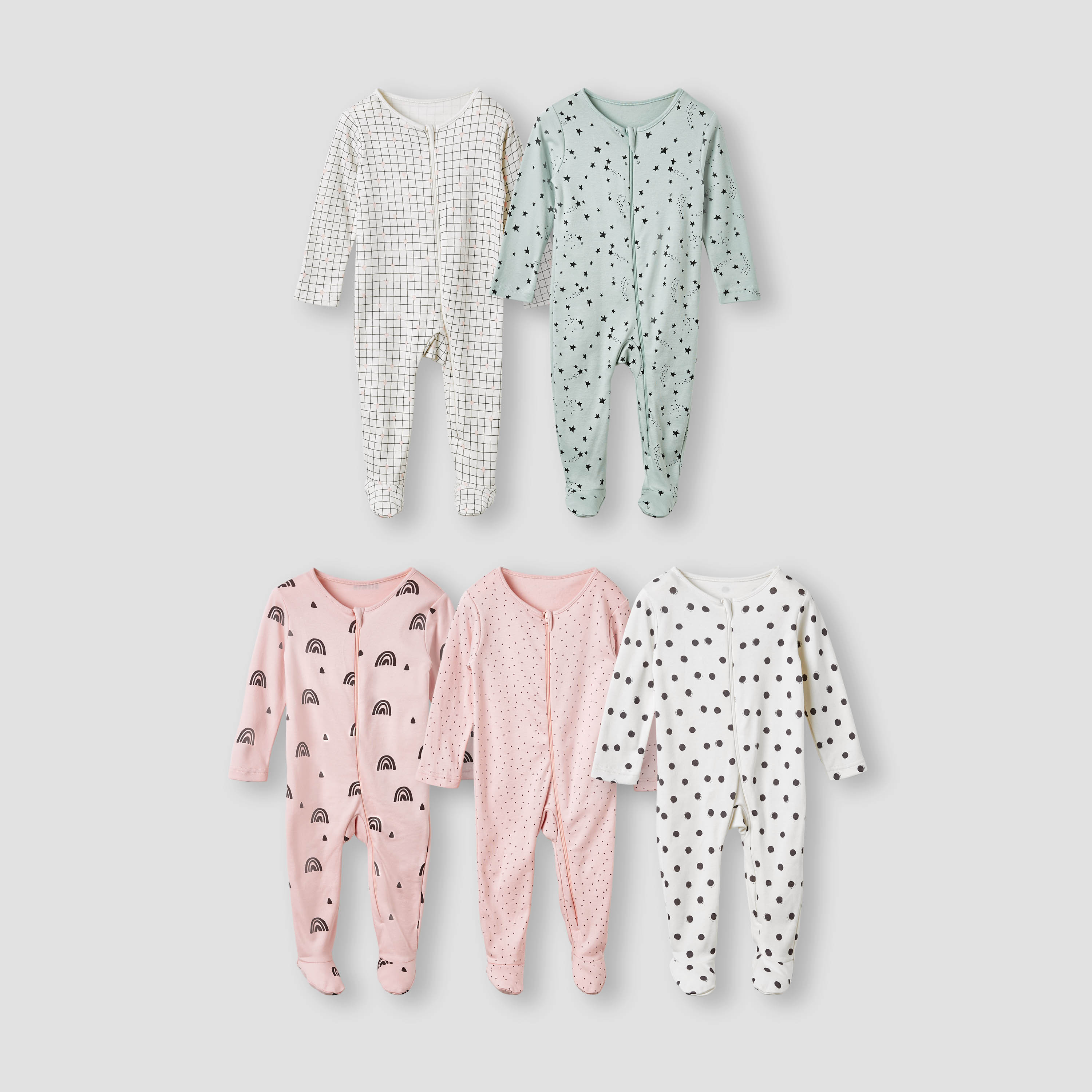 طقم بدلة نوم بطبعات وأكمام طويلة وسحّاب إغلاق من جونيورز - 5 قطع-baby-girls-clothing-nightwear-sleepsuits-image-1