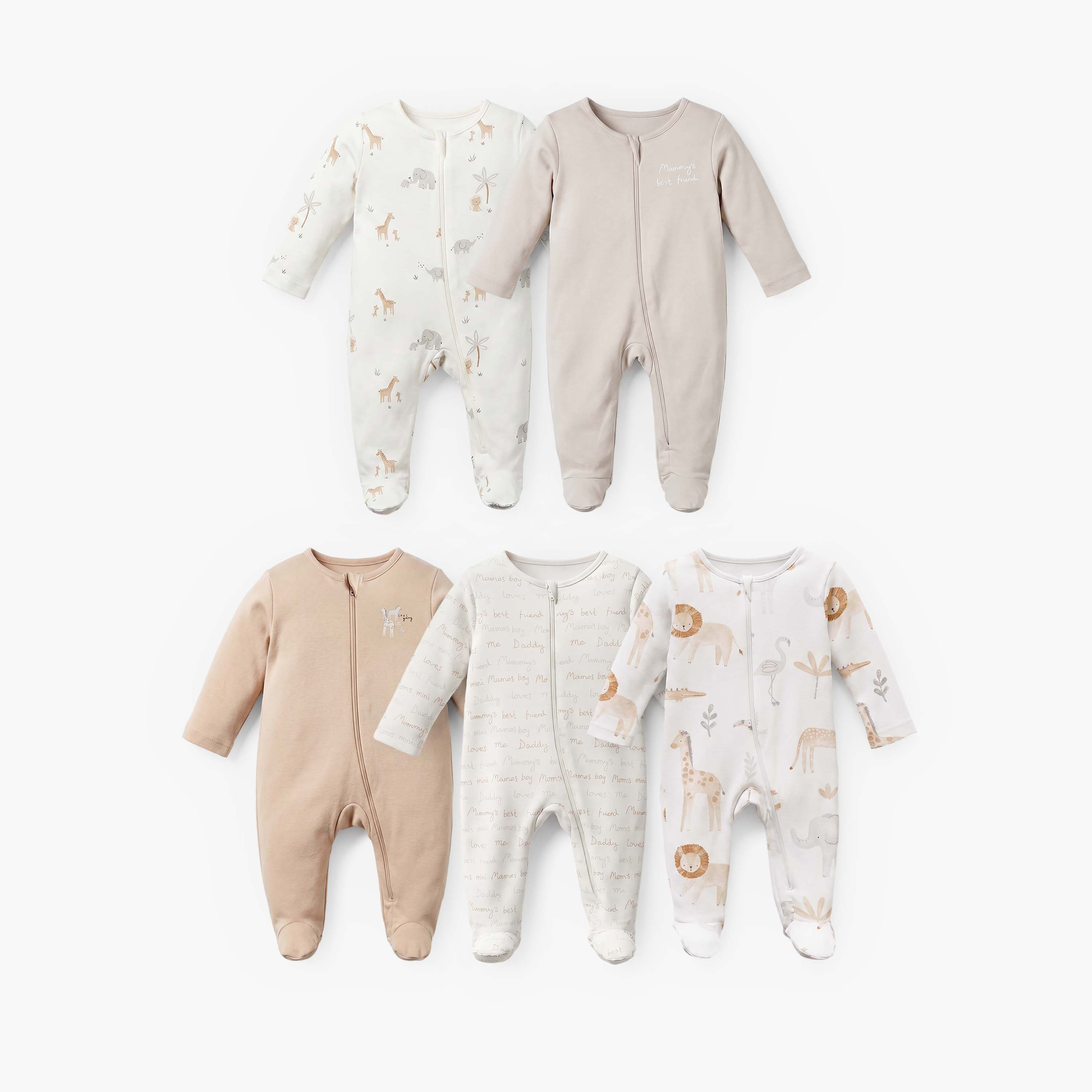 طقم بدلة نوم قطن برقبة مستديرة وأكمام طويلة وسحاب إغلاق 5 قطع من جونيورز-baby-boys-clothing-nightwear-sleepsuits-image-1