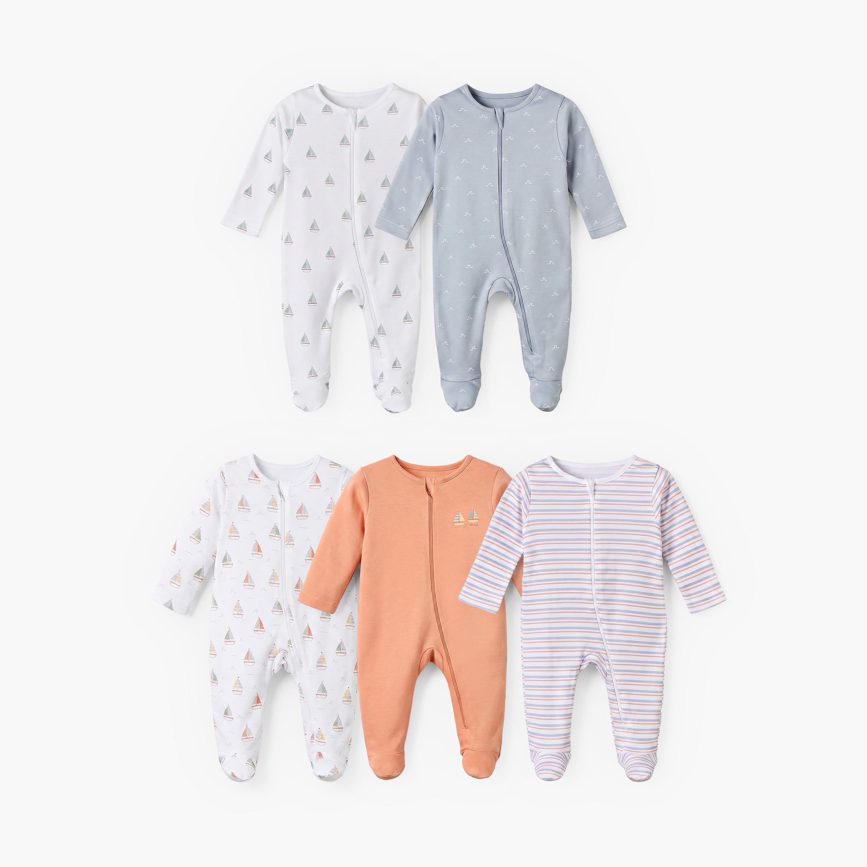 طقم رومبر قطن بياقة دائرية وأكمام طويلة مع سحاب إغلاق للبنات - 5 قطع-baby-boys-clothing-nightwear-sleepsuits-image-1