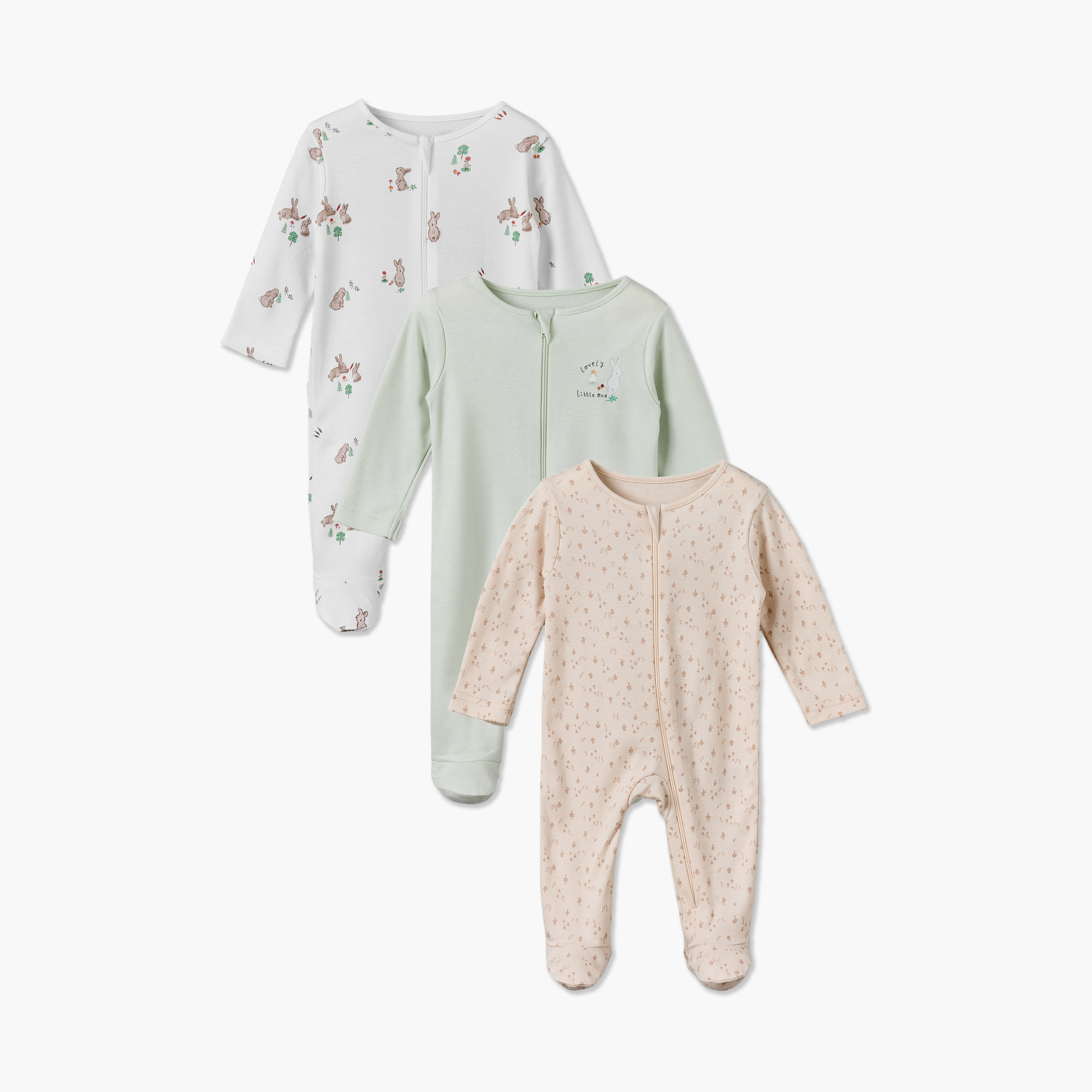 بدلة نوم قطنية بياقة مستديرة وأكمام طويلة وسحاب إغلاق من جونيورز - طقم من 3 قطع-baby-girls-clothing-nightwear-sleepsuits-image-1