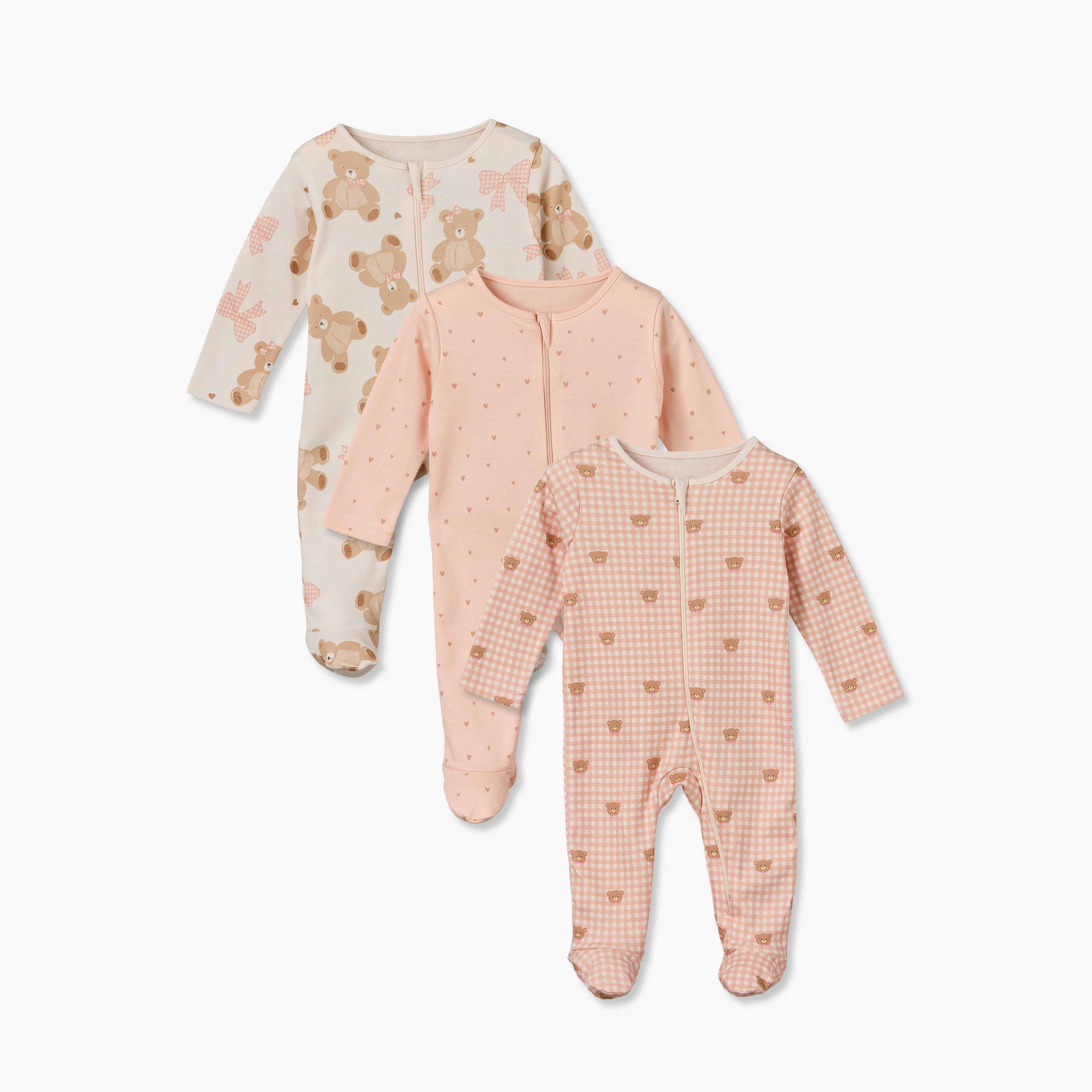 بدلات نوم قطن بياقة ضيقة وسحاب إغلاق وأكمام طويلة من جونيورز - عبوة 3 قطع-baby-girls-clothing-nightwear-sleepsuits-image-1