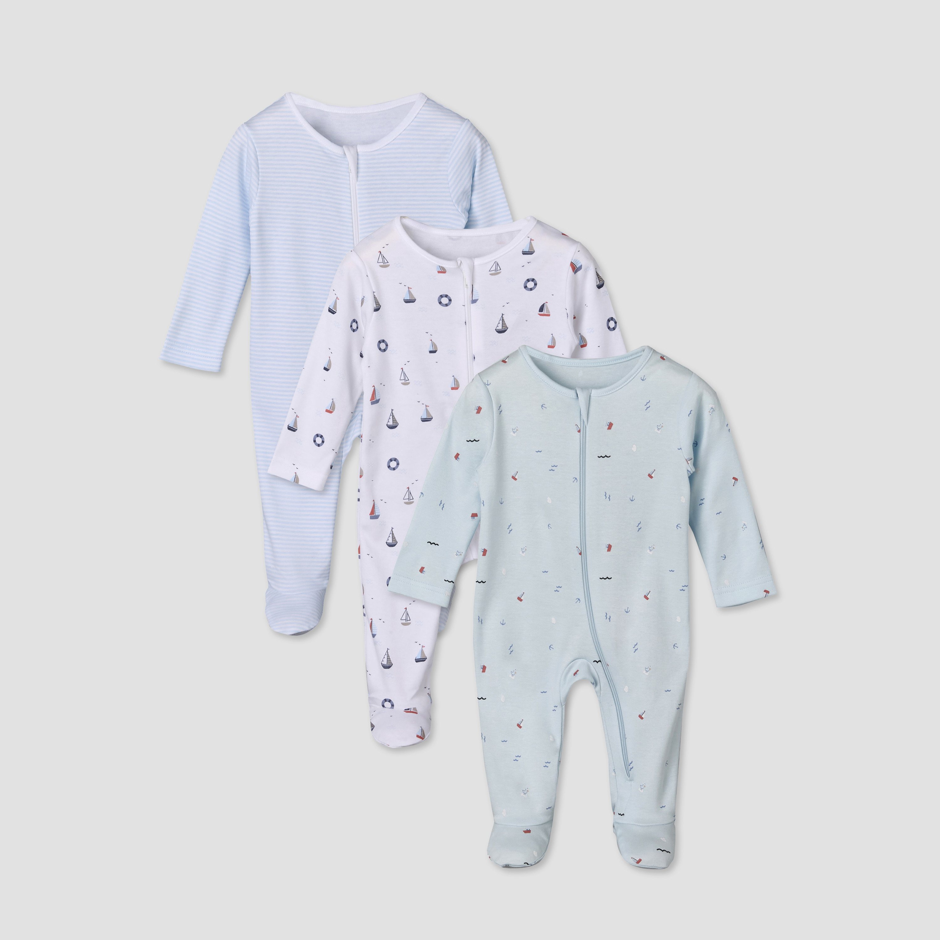 Pack of 3 Juniors Cotton Round Neck Long Sleeves Sleepsuit with Sailboat Print-promo_babyshop_Buy2for115_UAE130126-image-1
