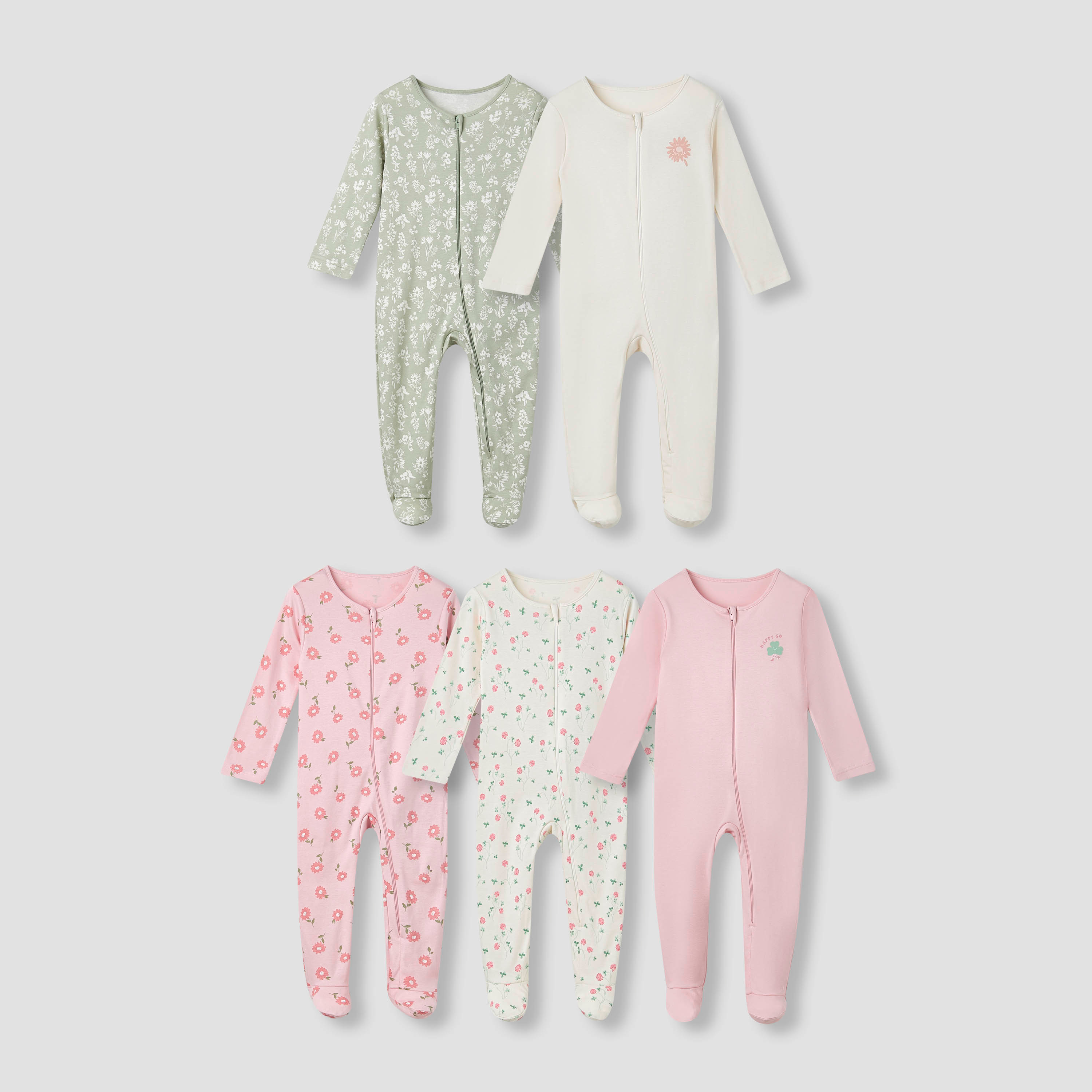 Juniors Footed Sleepsuit with Floral Print - Cotton - Long Sleeves - Set of 5-baby-girls-clothing-nightwear-sleepsuits-image-1