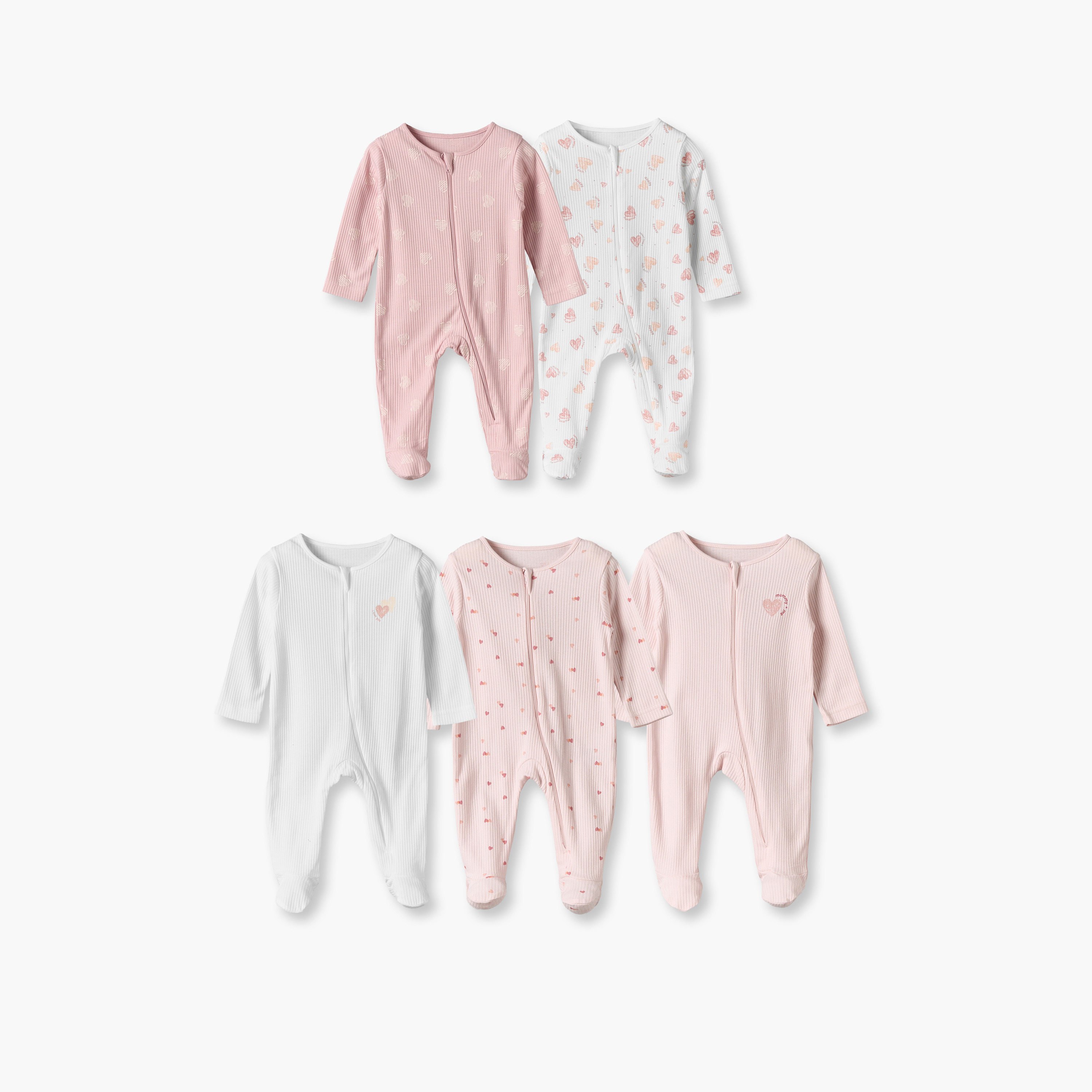 Pack of 5 Juniors Cotton Crew Neck Long Sleeves Sleepsuits with Heart Print-baby-girls-clothing-nightwear-sleepsuits-image-1