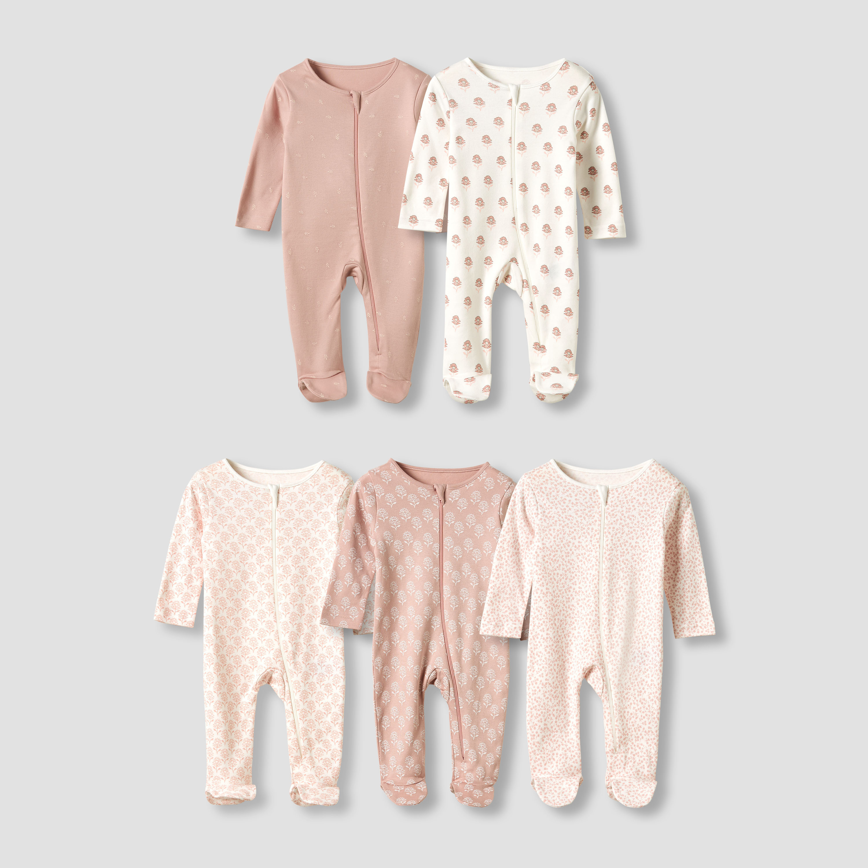 Juniors Round Neck Sleepsuit with Closed Feet - Cotton - Long Sleeves - Set of 5-baby-girls-clothing-nightwear-sleepsuits-image-1