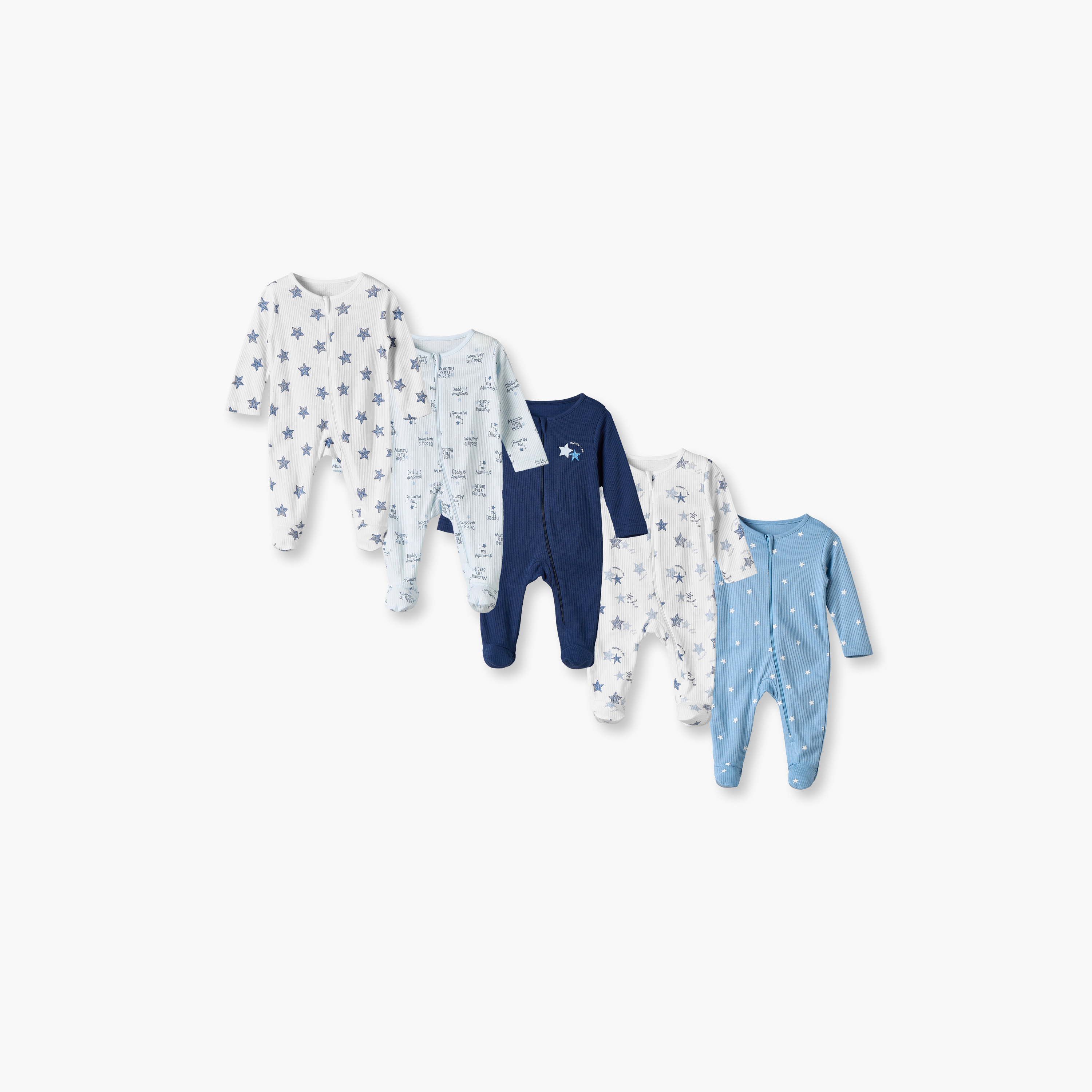 بدلة نوم من القطن بياقة ضيقة وأكمام طويلة بطبعات نجوم من جونيورز - عبوة من 5 قطع-baby-boys-clothing-nightwear-sleepsuits-image-1