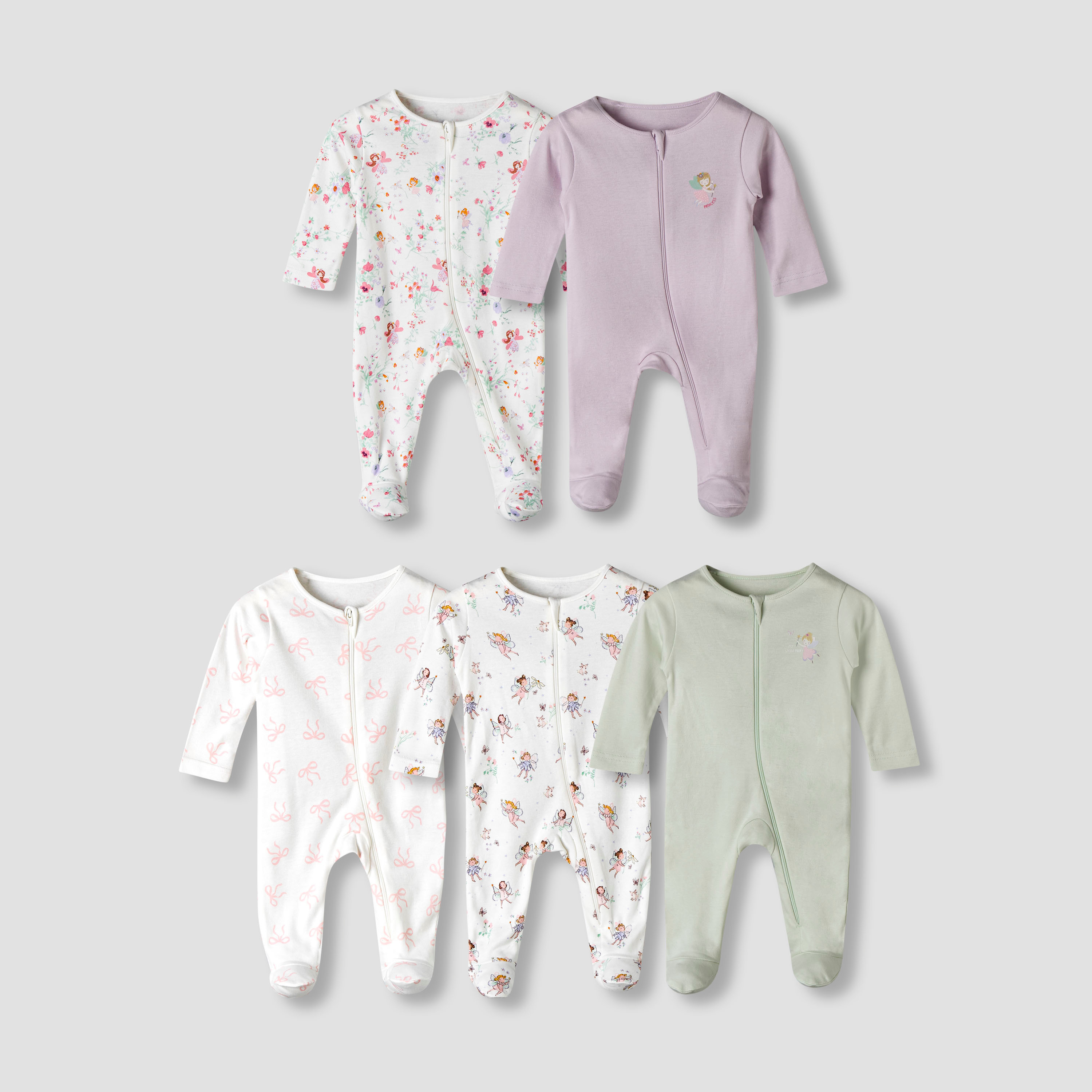 Pack of 5 Juniors Cotton Round Neck Long Sleeve Sleepsuit with Zip Closure-baby-girls-clothing-nightwear-sleepsuits-image-1