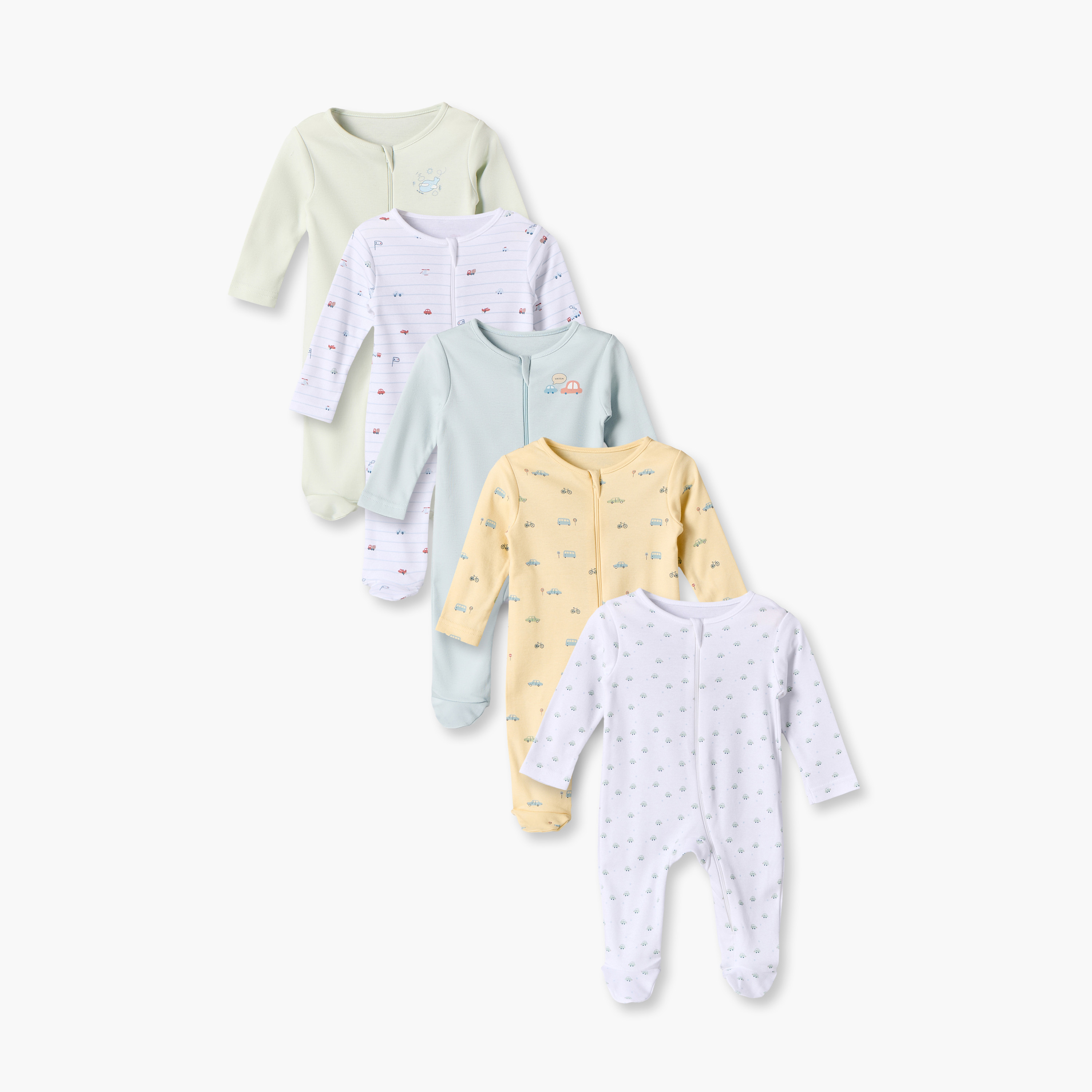Pack of 5 Juniors Cotton Round Neck Long Sleeves Sleepsuit with Vehicle Print-baby-boys-clothing-nightwear-sleepsuits-image-1