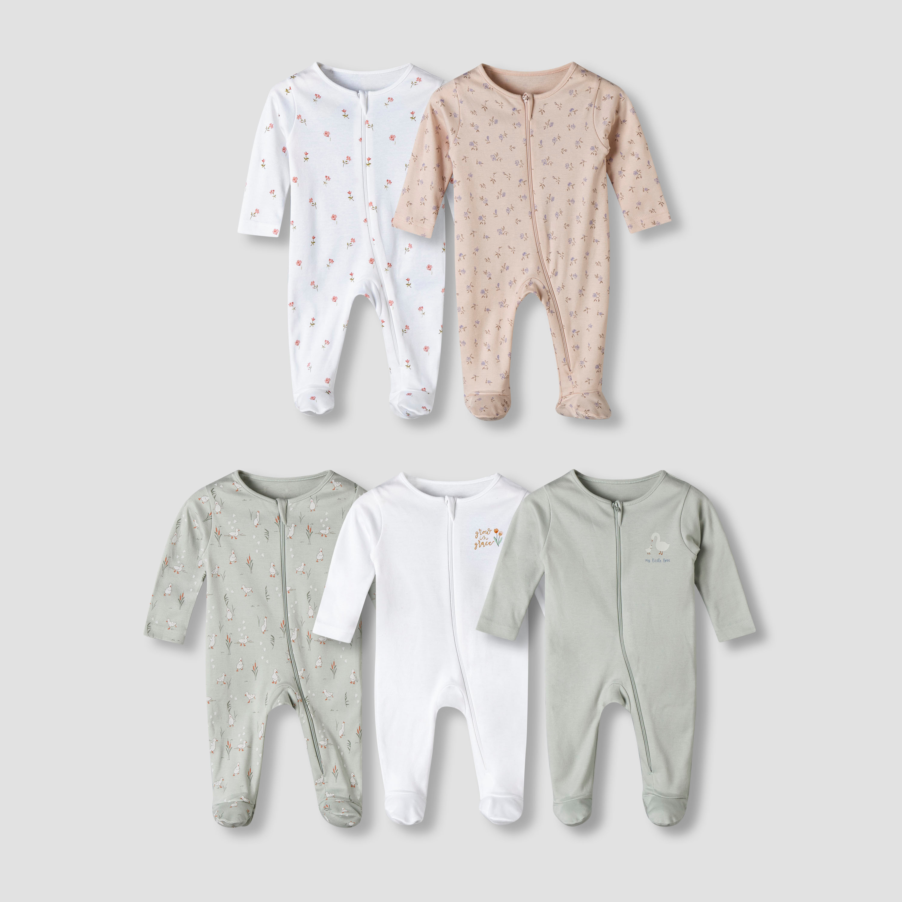 Pack of 5 Juniors Cotton Round Neck Long Sleeve Sleepsuit with Zip Closure-baby-girls-clothing-nightwear-sleepsuits-image-1