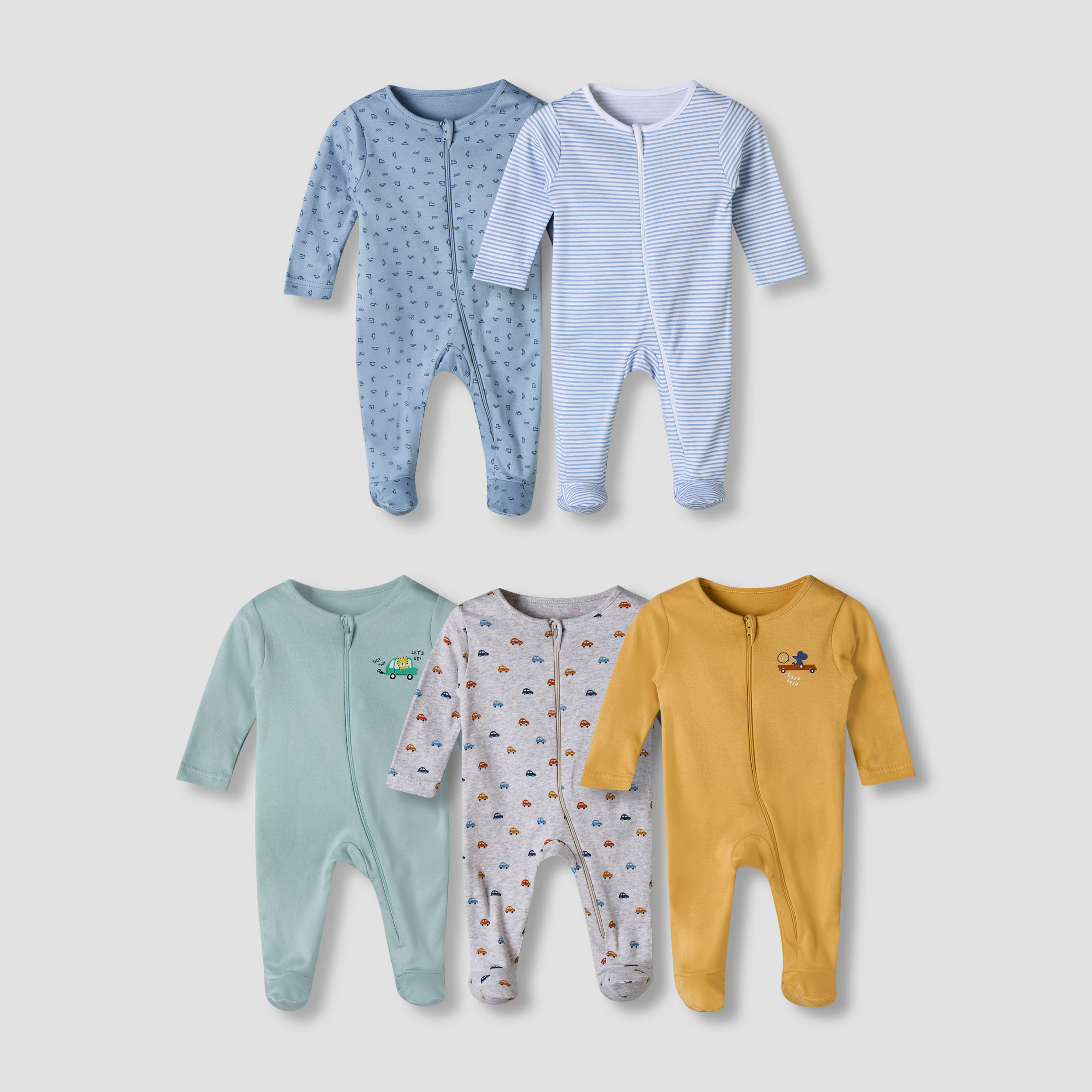 Pack of 5 Juniors Cotton Round Neck Long Sleeve Sleepsuit with Zip Closure-baby-boys-clothing-nightwear-sleepsuits-image-1