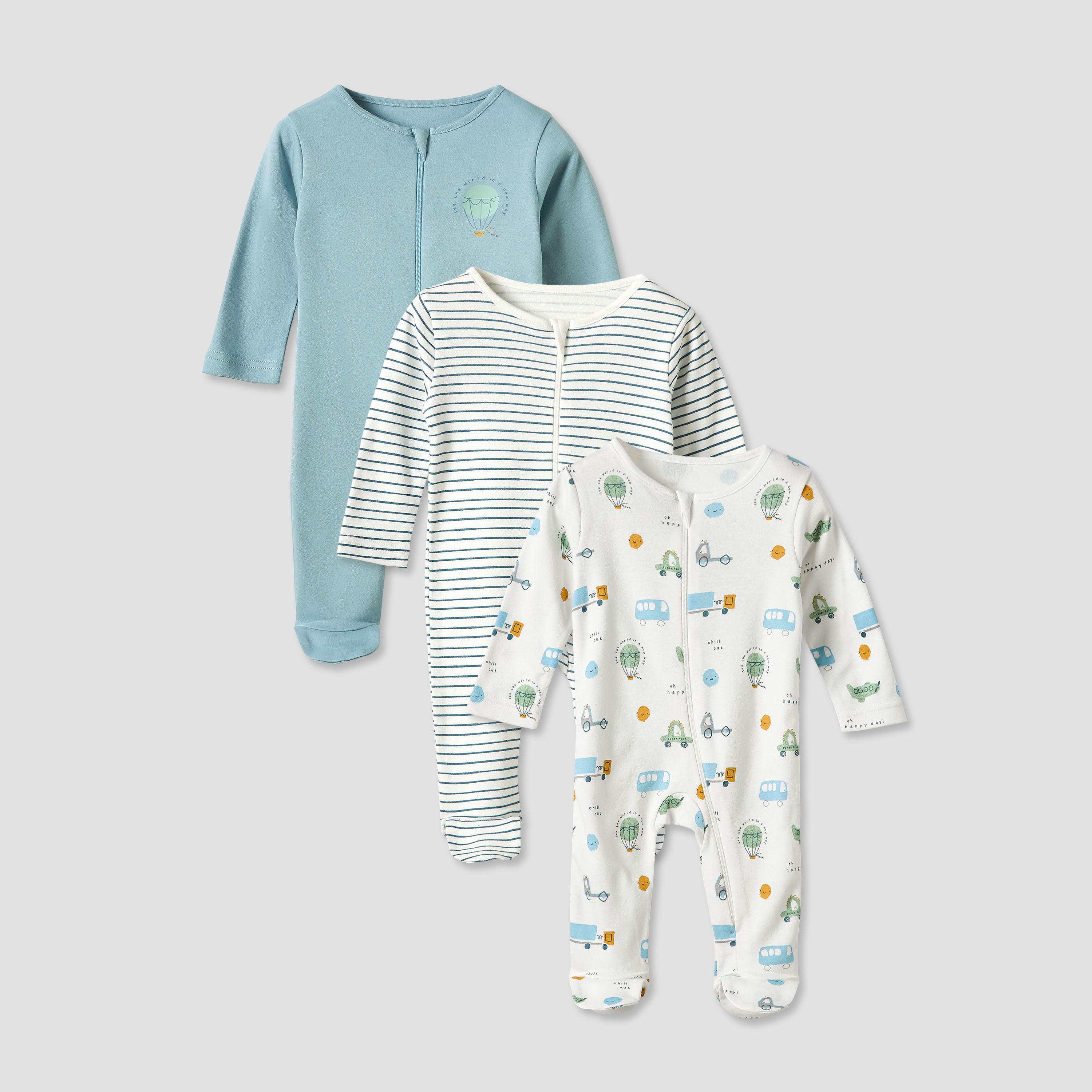 بدلات نوم بياقة مستديرة ومغلقة القدمين - أكمام طويلة - قطن من جونيورز - طقم 3 قطع-baby-boys-clothing-nightwear-sleepsuits-image-1