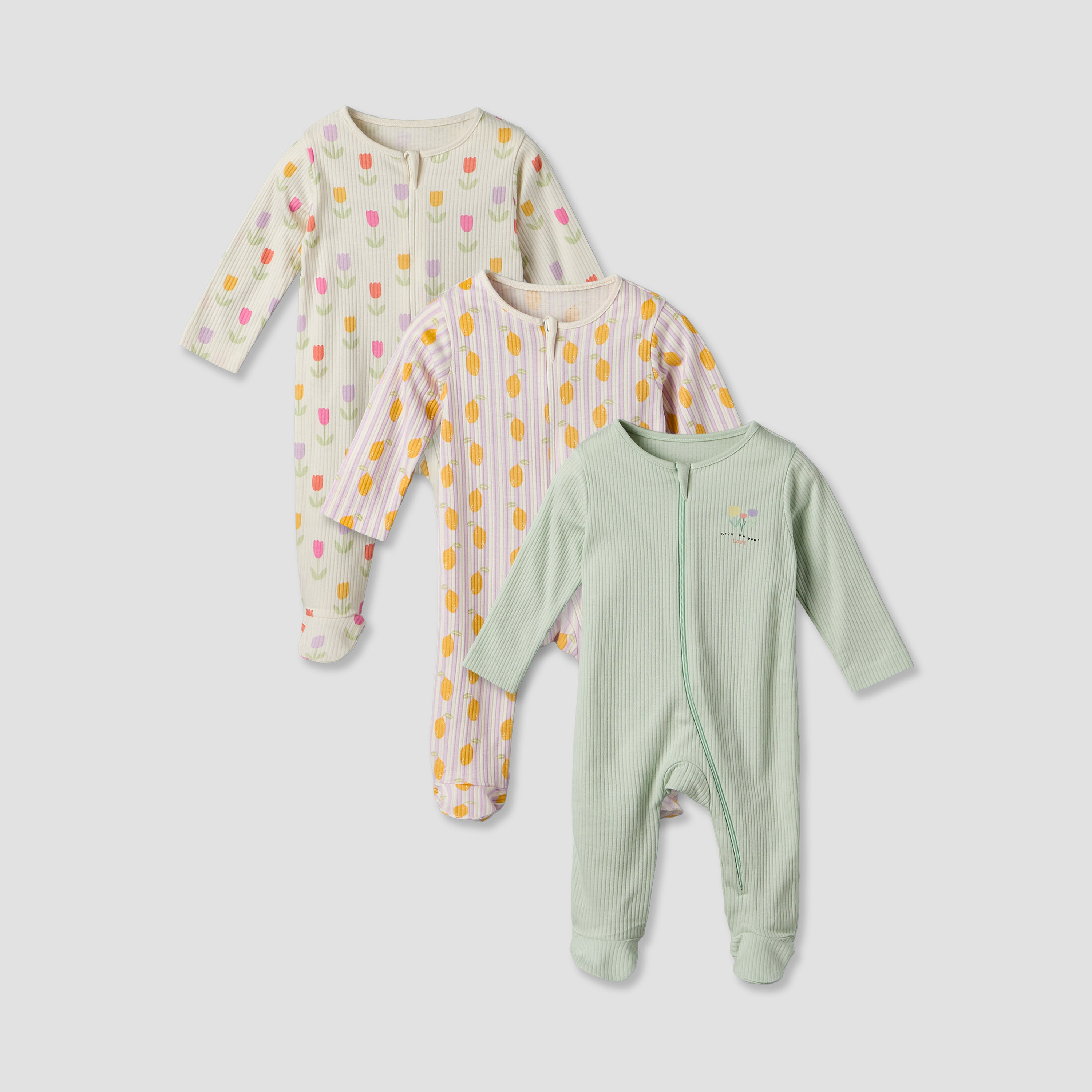 Pack of 3 Juniors Cotton Round Neck Long Sleeves Sleepsuit with Zip Closure-baby-girls-clothing-nightwear-sleepsuits-image-1