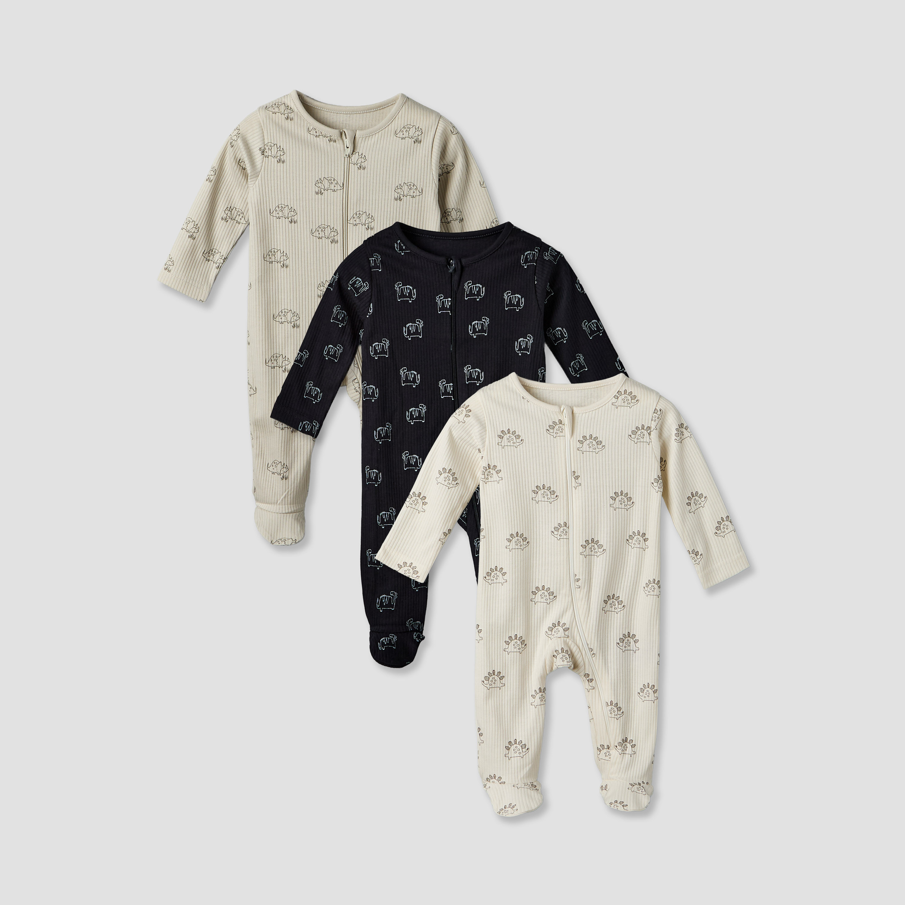 Pack of 3 Juniors Cotton Round Neck Long Sleeves Sleepsuit with Dinosaur Print-baby-boys-clothing-nightwear-sleepsuits-image-1