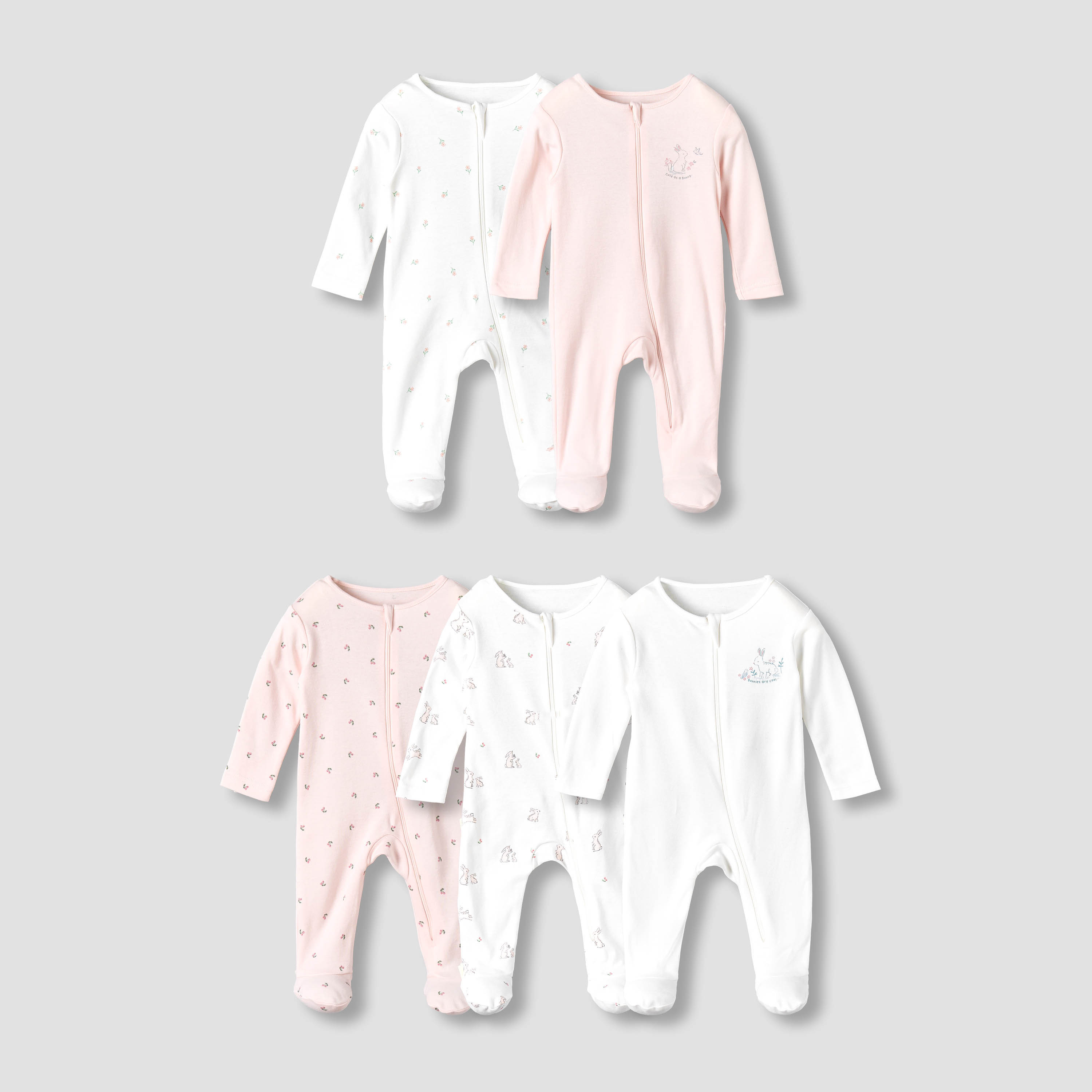 Pack of 5 Juniors Cotton Round Neck Long Sleeves Sleepsuit with Zip Closure-baby-girls-clothing-nightwear-sleepsuits-image-1