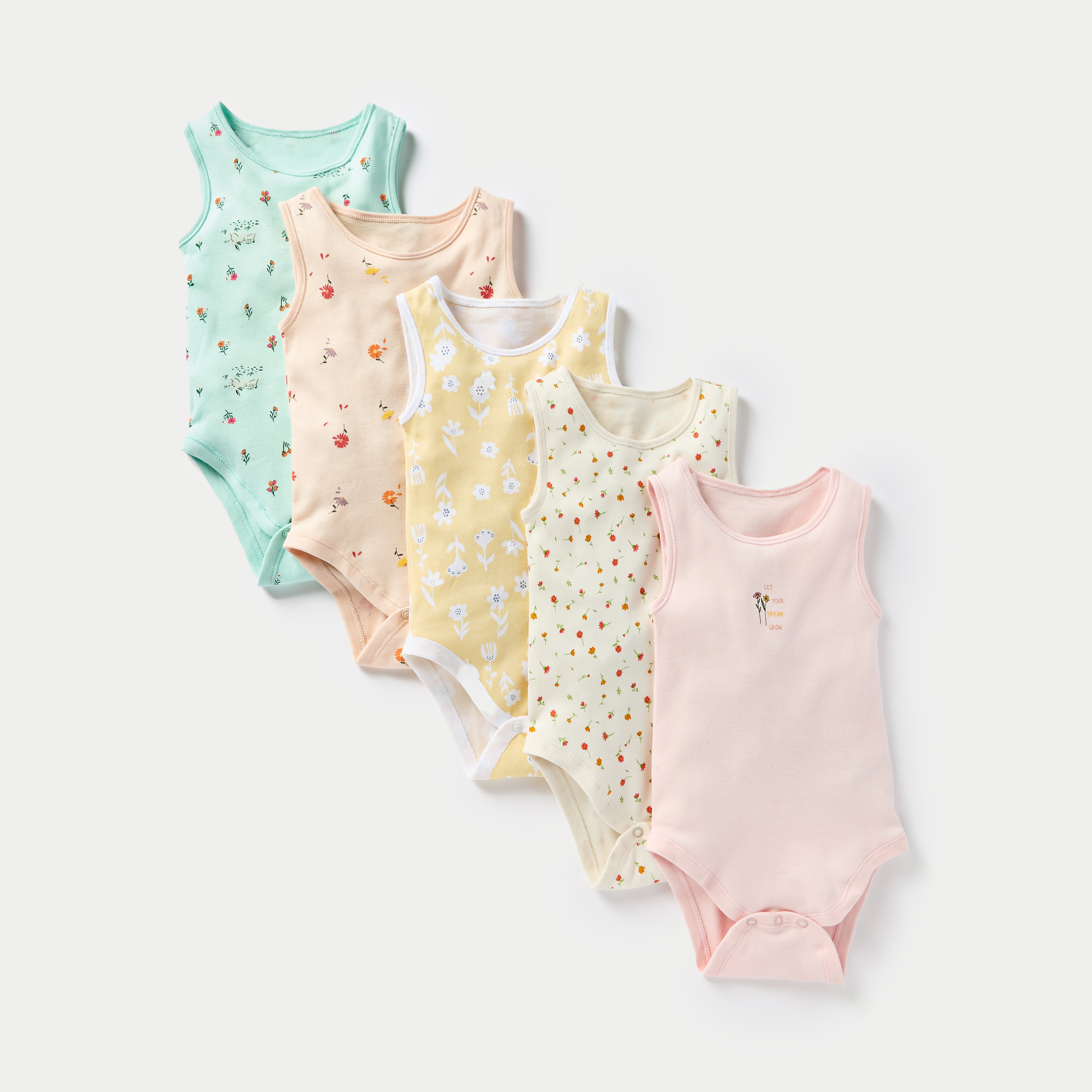 Juniors Floral Print Sleeveless Bodysuit with Snap Button Closure - Set of 5-baby-girls-clothing-bodysuits-image-1