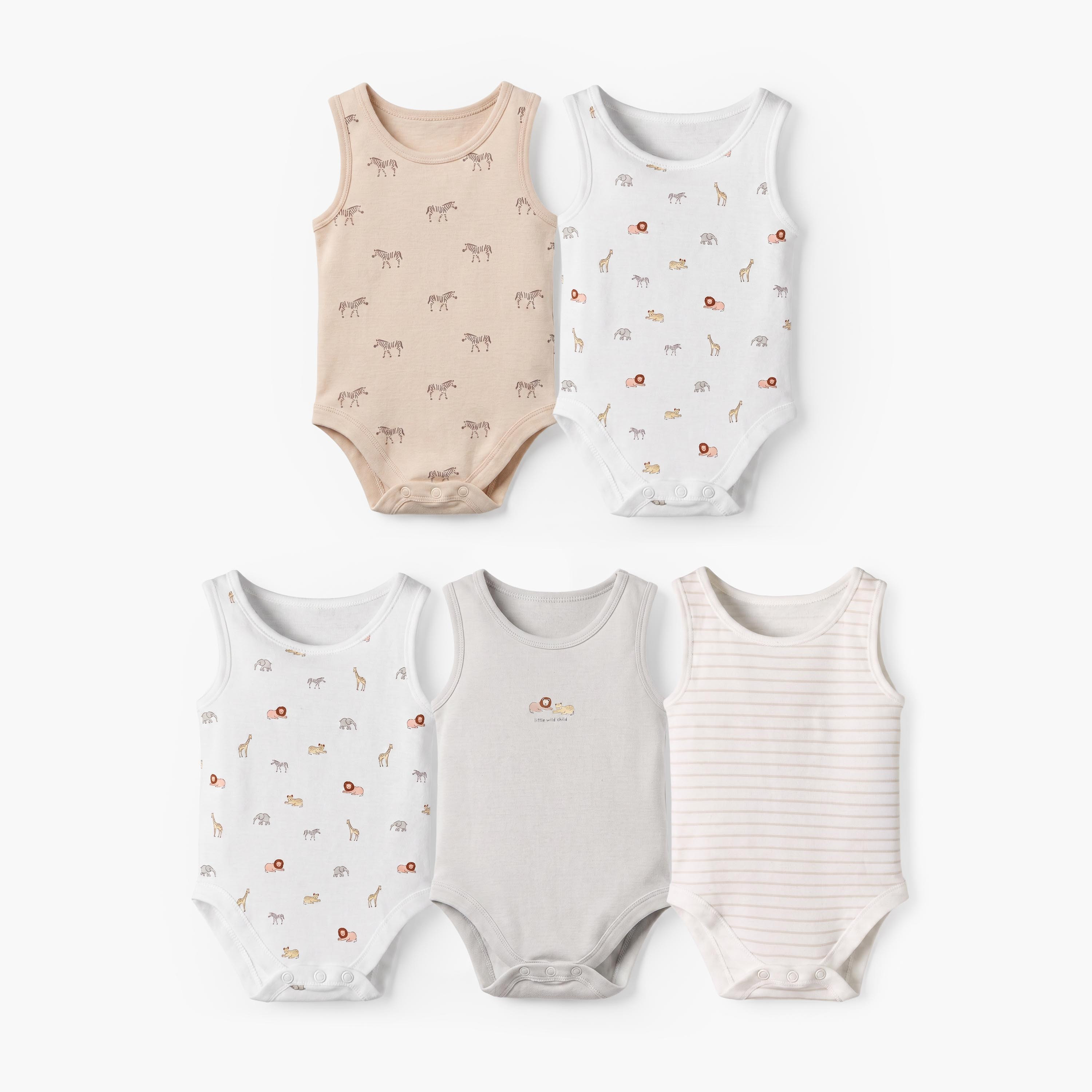 Pack of 5 Juniors Crew Neck Sleeveless Bodysuit with Safari Print-baby-boys-clothing-bodysuits-image-1