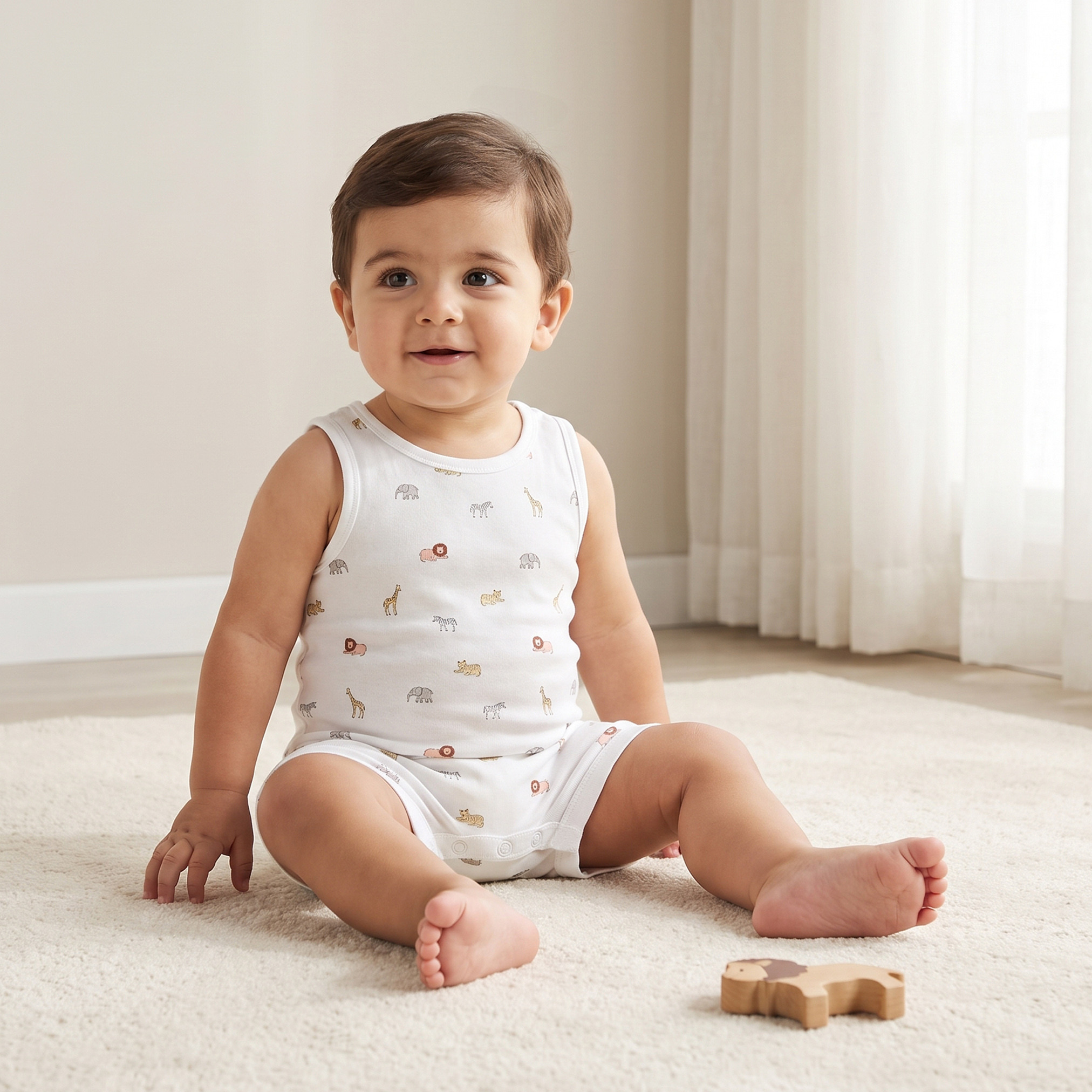 Pack of 5 Juniors Crew Neck Sleeveless Bodysuit with Safari Print-baby-boys-clothing-bodysuits-image-2