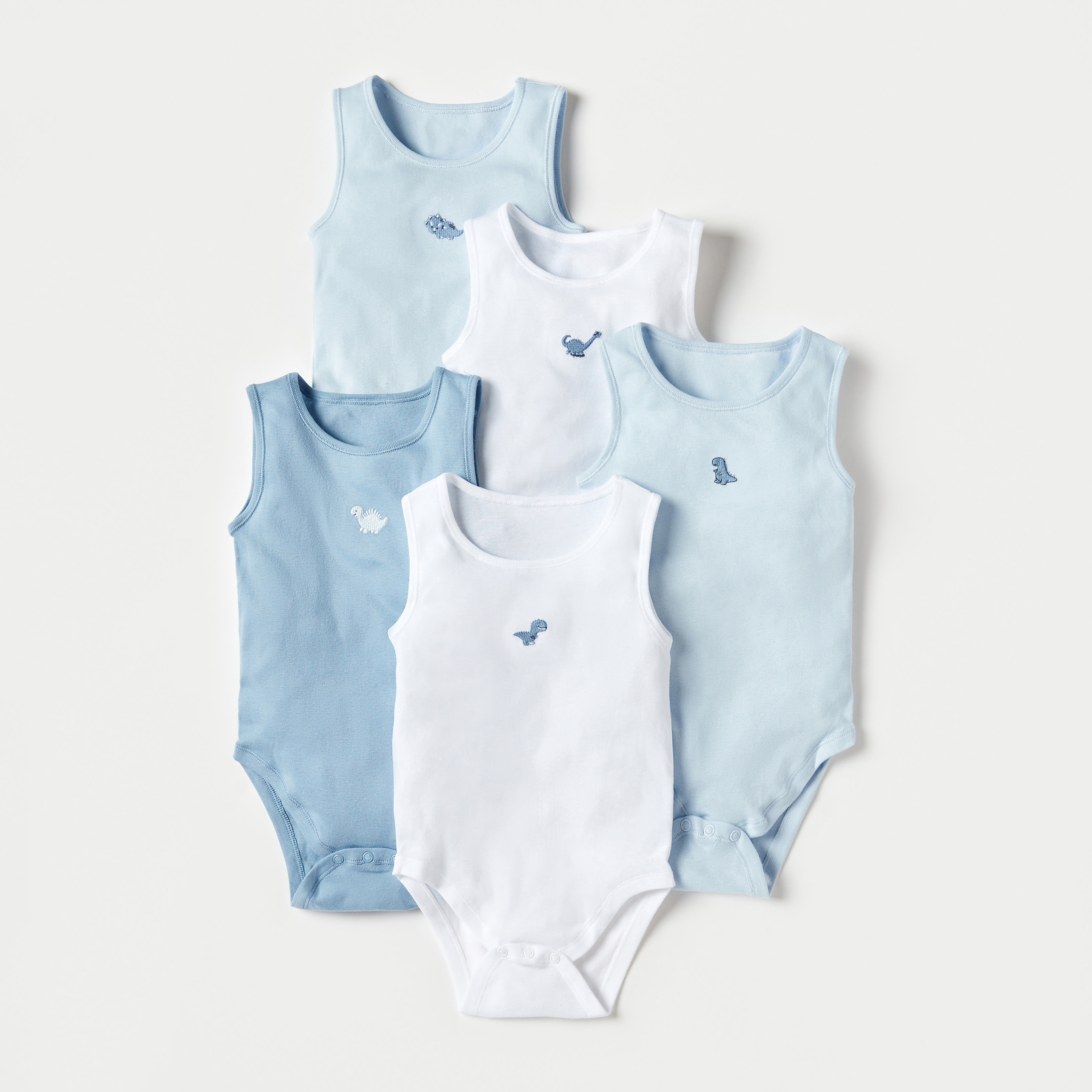 Juniors Dinosaur Embroidered Sleeveless Bodysuit - Set of 5-baby-boys-clothing-bodysuits-image-1