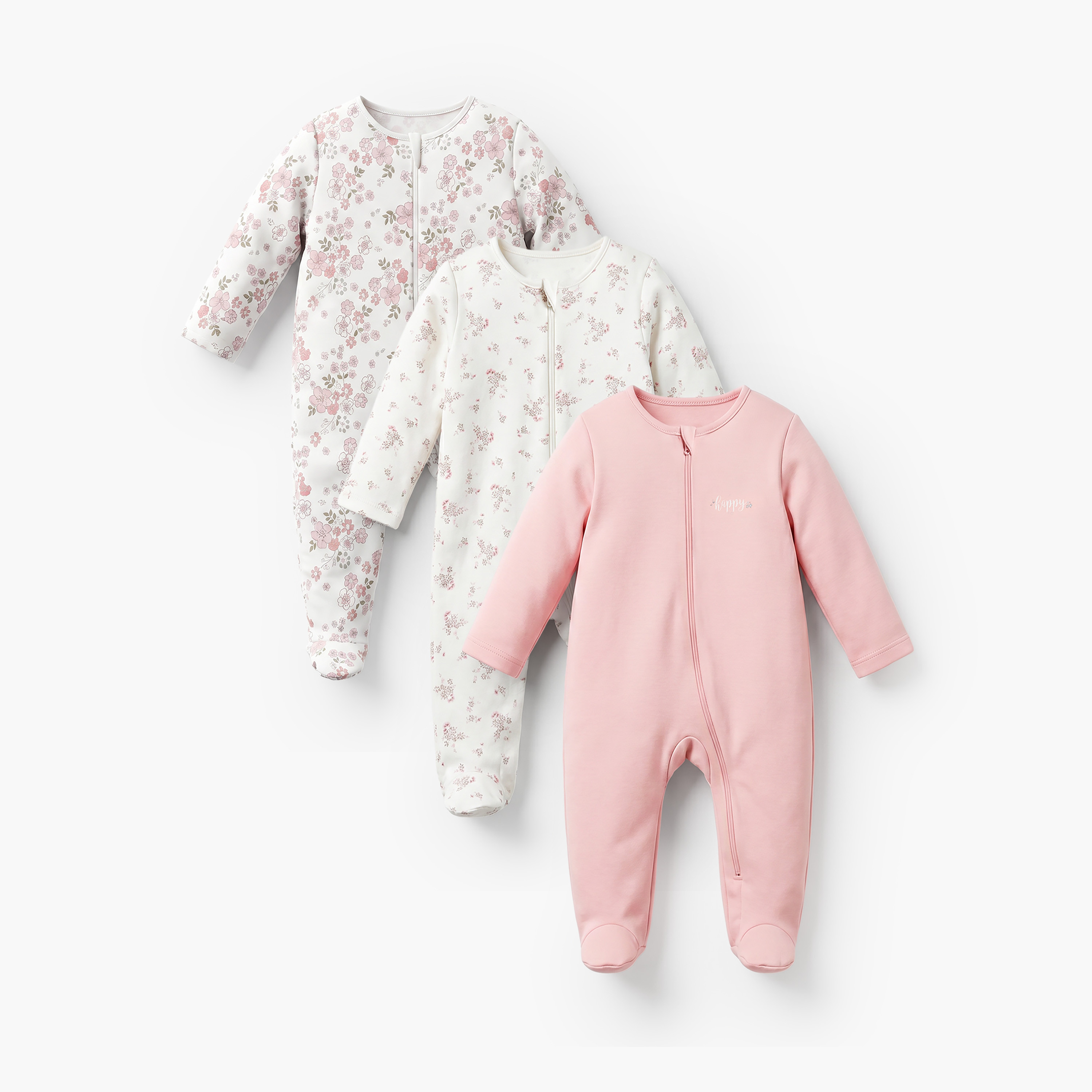 Pack of 3 Juniors Cotton Crew Neck Long Sleeve Sleepsuit with Zip Closure-baby-girls-clothing-nightwear-sleepsuits-image-1