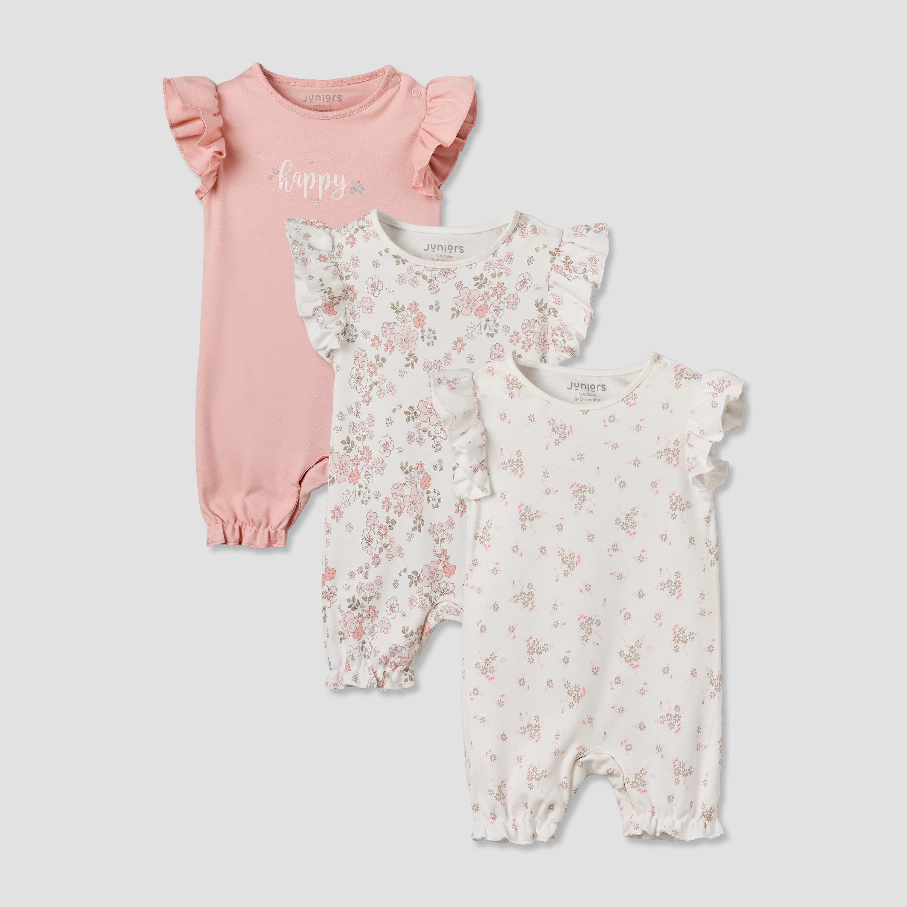 Pack of 3 Juniors Round Neck Short Sleeves Romper with Floral Print-baby-girls-clothing-rompers-image-1