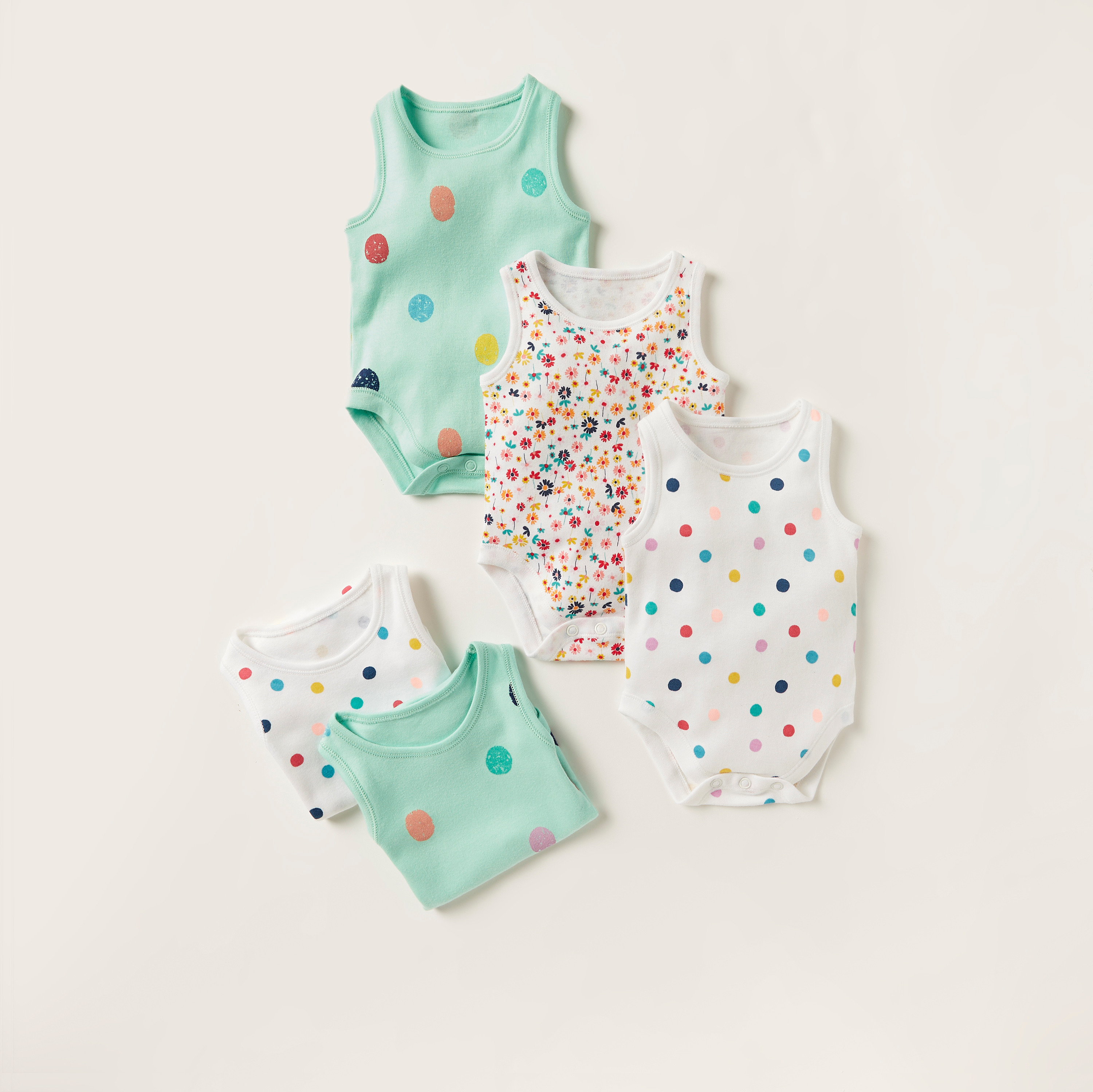 Juniors All-Over Printed Bodysuit with Round Neck - Set of 5-baby-girls-clothing-bodysuits-image-1