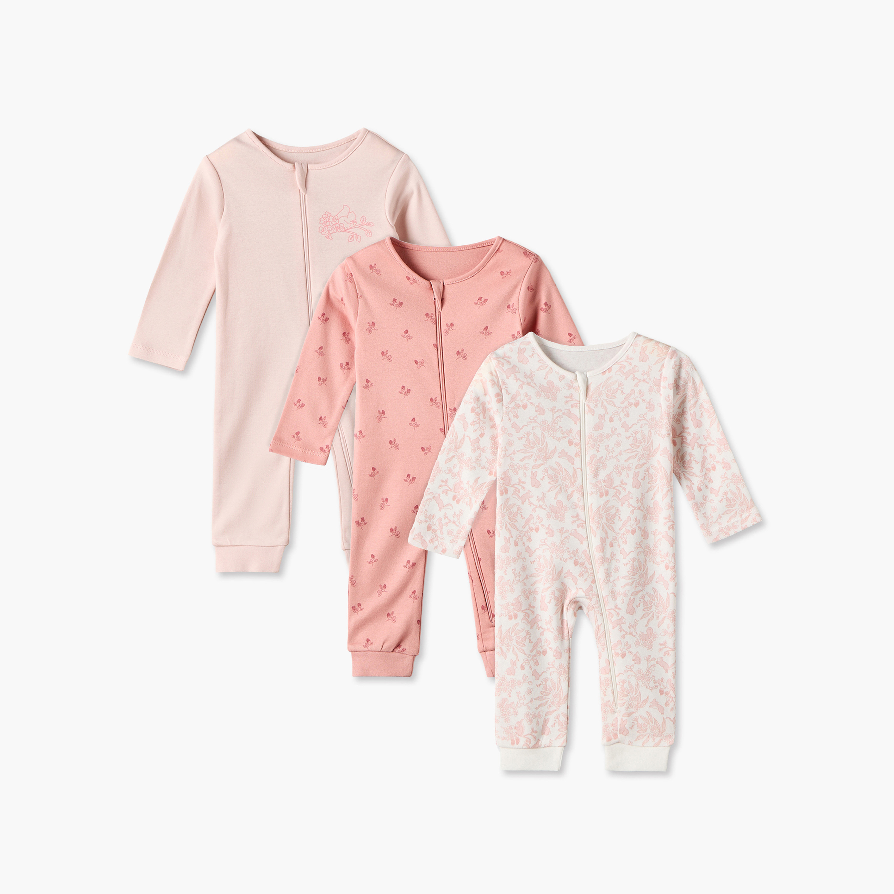 Pack of 3 Juniors Cotton Crew Neck Long Sleeves Sleepsuit with Floral Print-baby-girls-clothing-nightwear-sleepsuits-image-1