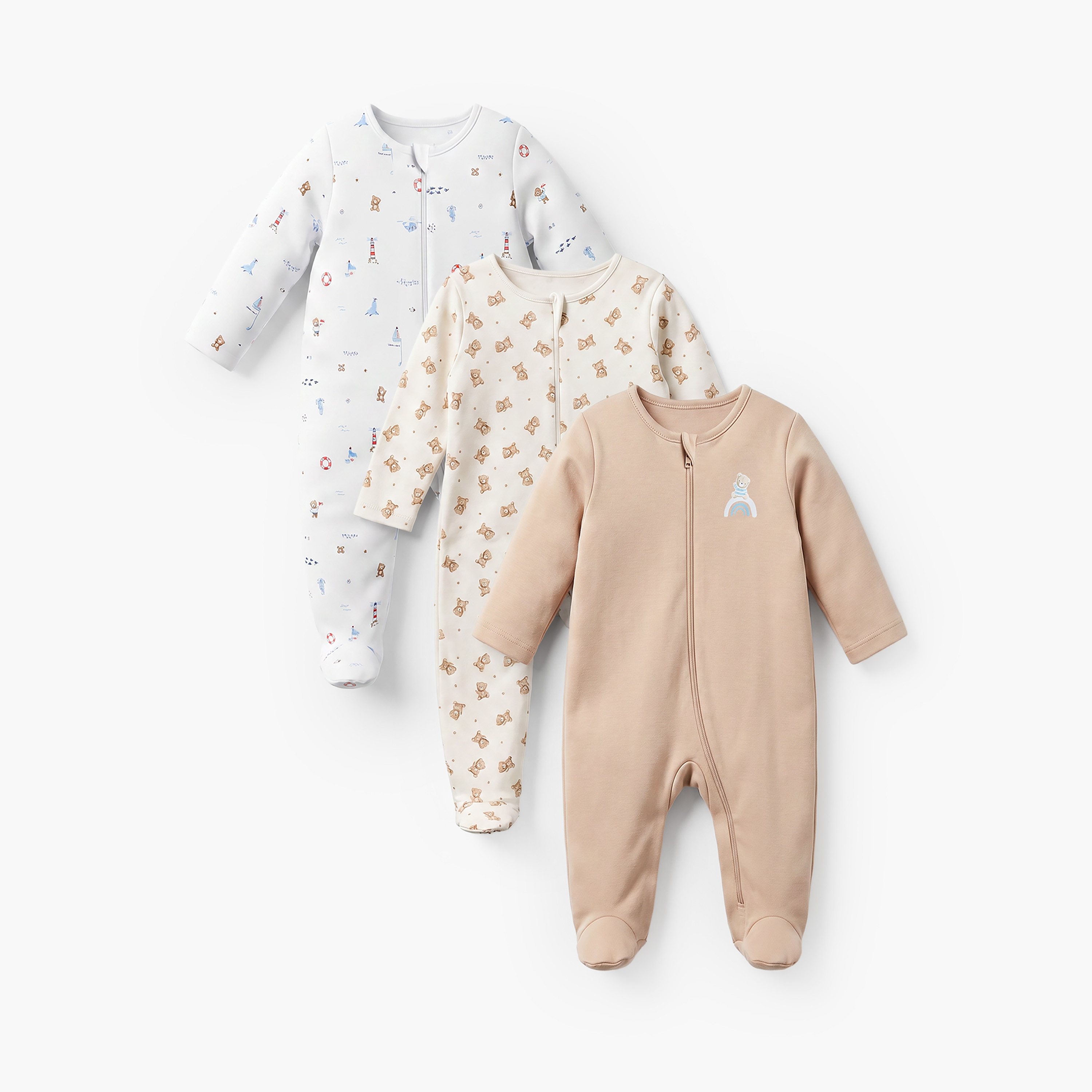 Pack of 3 Juniors Cotton Round Neck Long Sleeves Sleepsuit with Zip Closure-baby-boys-clothing-nightwear-sleepsuits-image-1