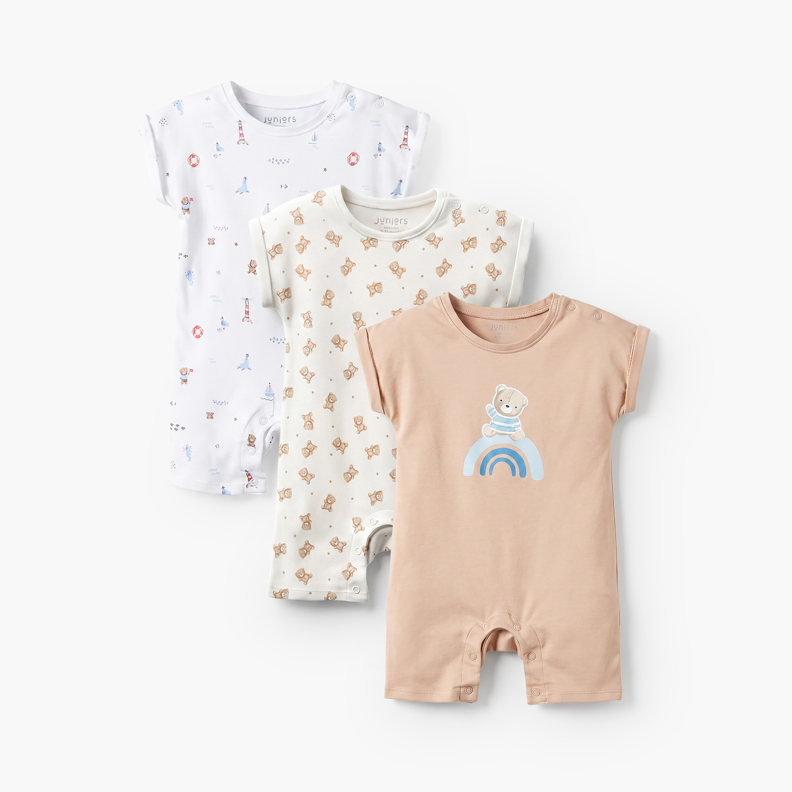 Pack of 3 Crew Neck Short Sleeves Romper with Teddy Bear Print-baby-boys-clothing-rompers-image-1