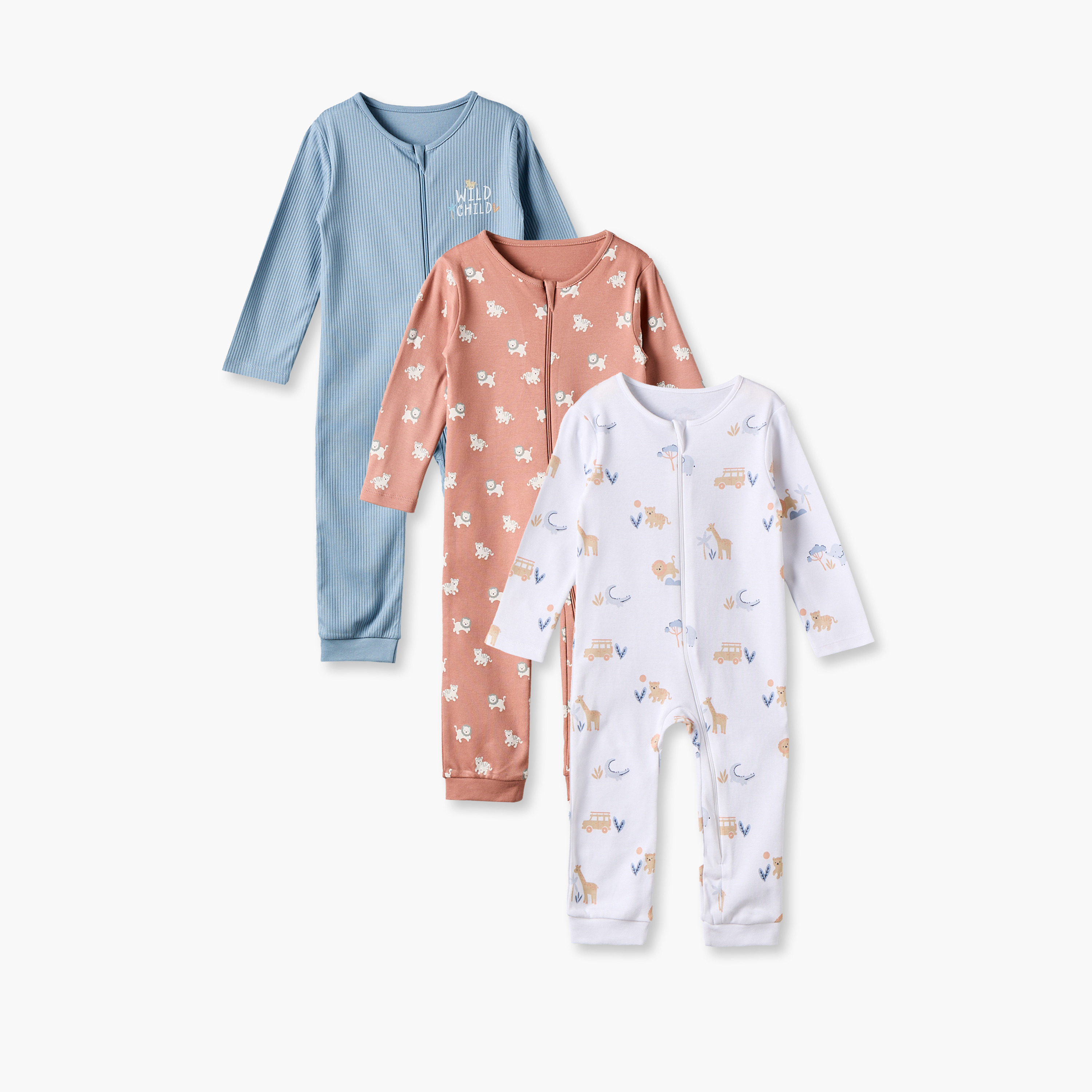طقم بدلات نوم قطنية بياقة مستديرة وأكمام طويلة وطبعات زهرية من جونيورز - 3 قطع-baby-girls-clothing-nightwear-sleepsuits-image-1