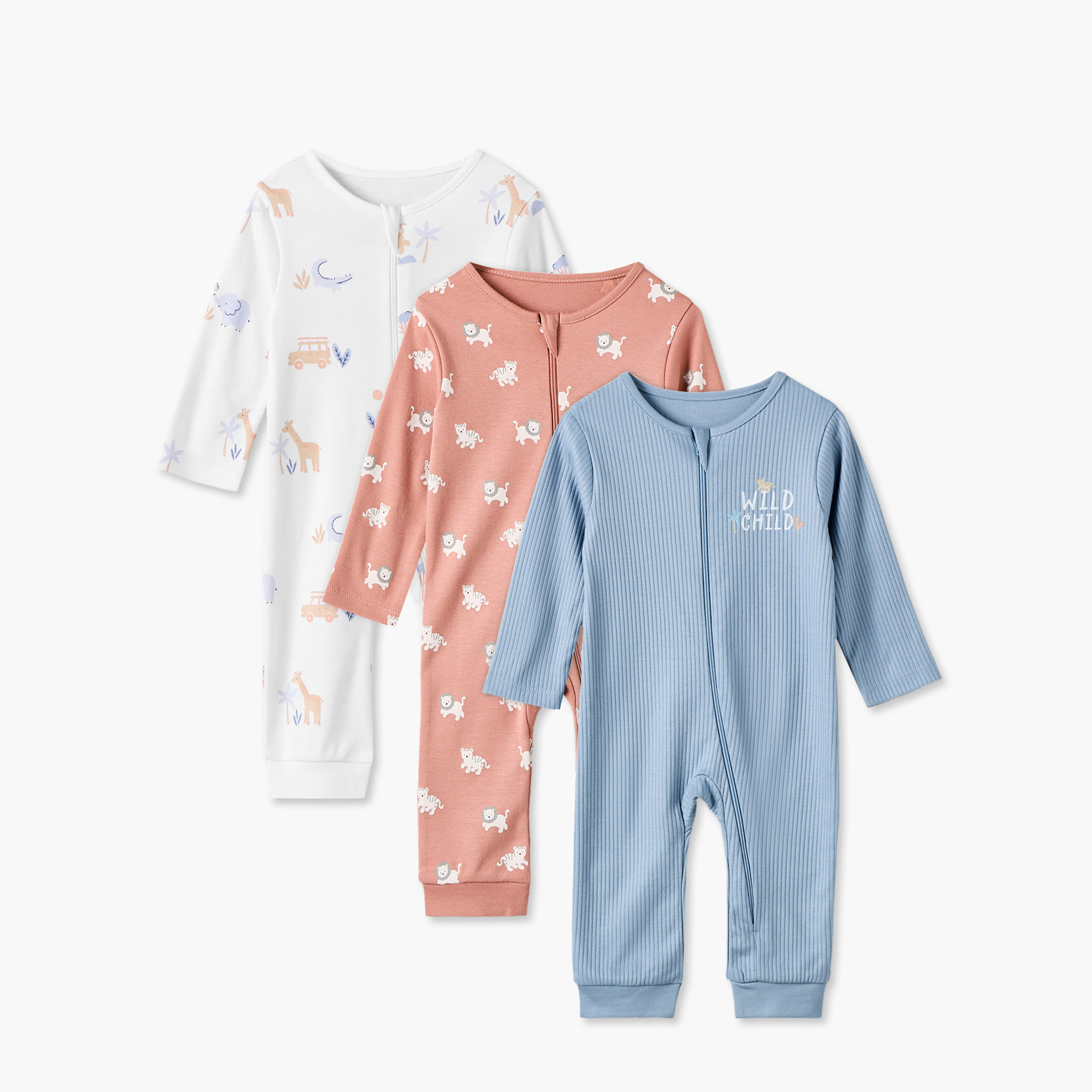 Pack of 3 Juniors Cotton Crew Neck Long Sleeves Sleepsuit with Safari Print-baby-boys-clothing-nightwear-sleepsuits-image-1