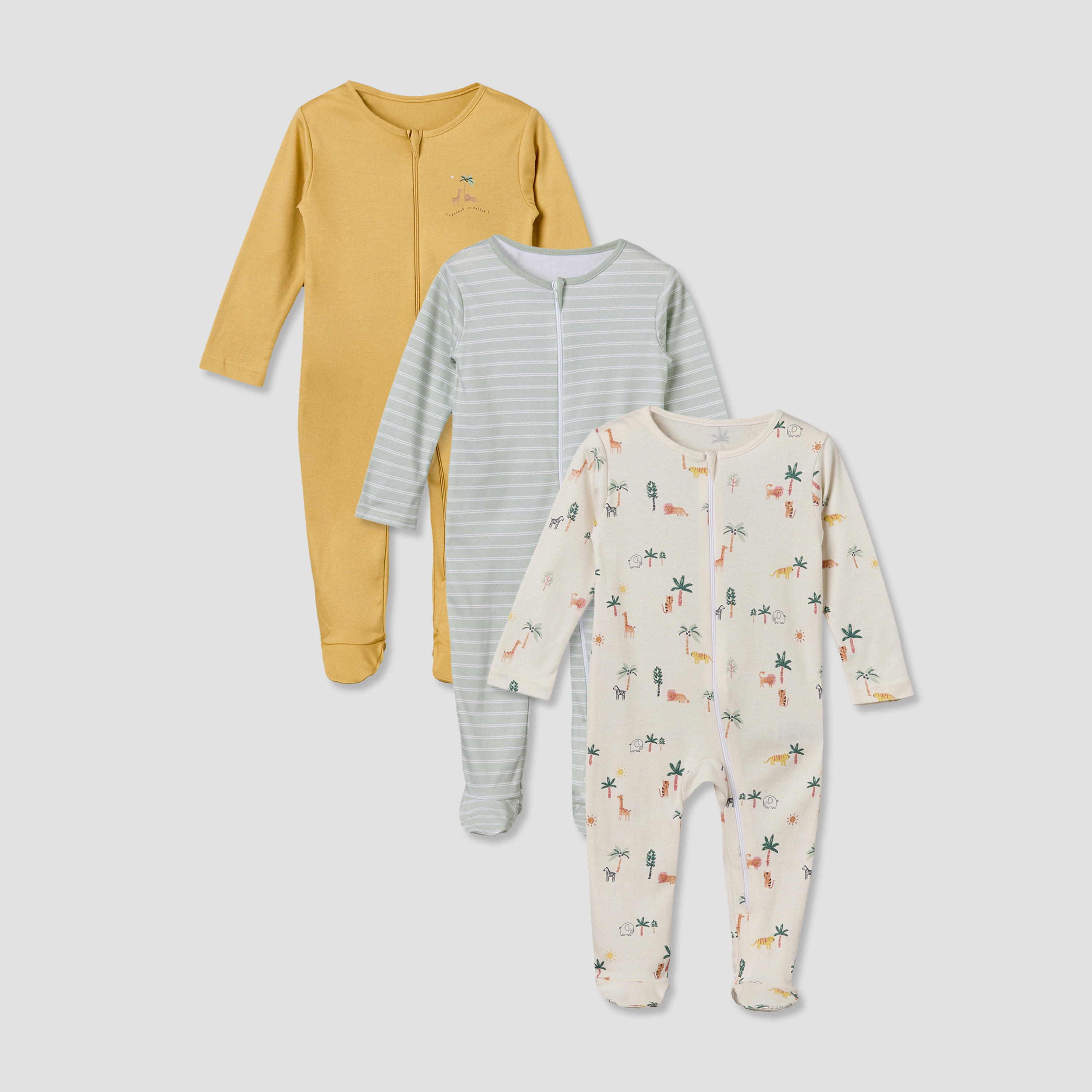 Pack of 3 Juniors Cotton Crew Neck Long Sleeves Sleepsuit with Zip Closure-baby-boys-clothing-nightwear-sleepsuits-image-1