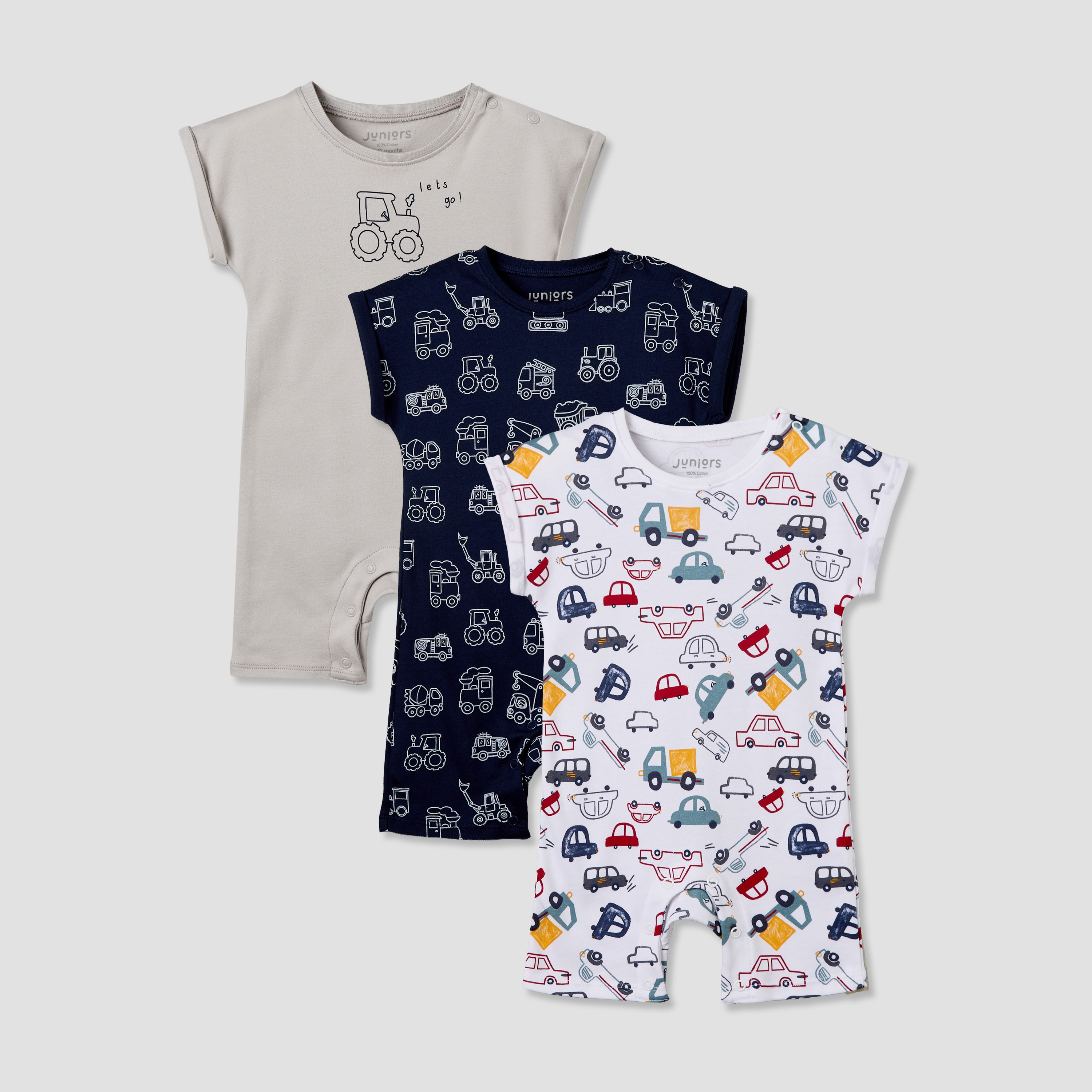 Pack of 3 Juniors Crew Neck Short Sleeves Romper with Vehicle Print-baby-boys-clothing-rompers-image-1