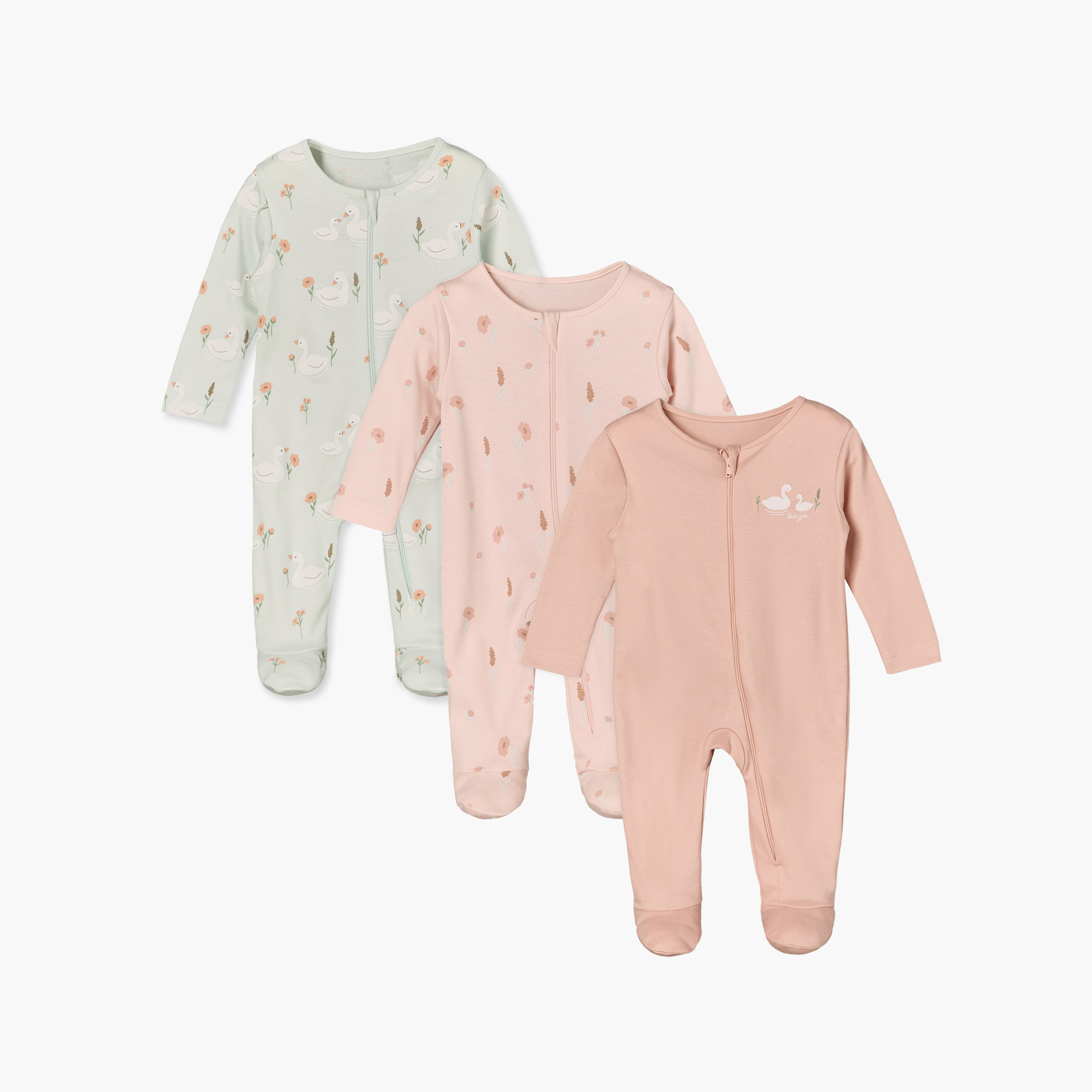 بدلة نوم قطن بياقة ضيقة وأكمام طويلة وسحاب إغلاق من جونيورز - عبوة من 3 قطع-baby-girls-clothing-nightwear-sleepsuits-image-1