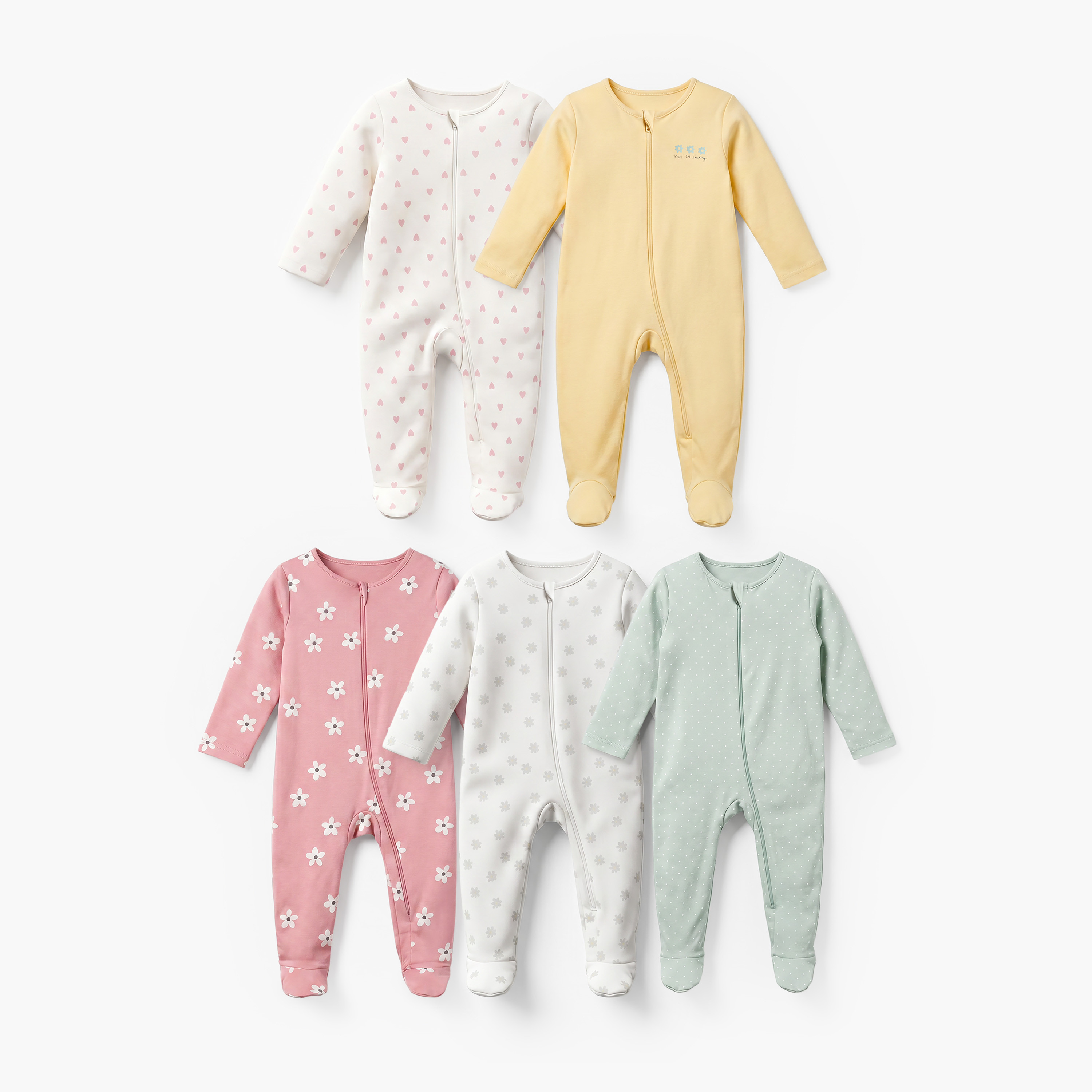 Pack of 5 Juniors Cotton Crew Neck Long Sleeve Sleepsuit with Zip Closure-baby-girls-clothing-nightwear-sleepsuits-image-1