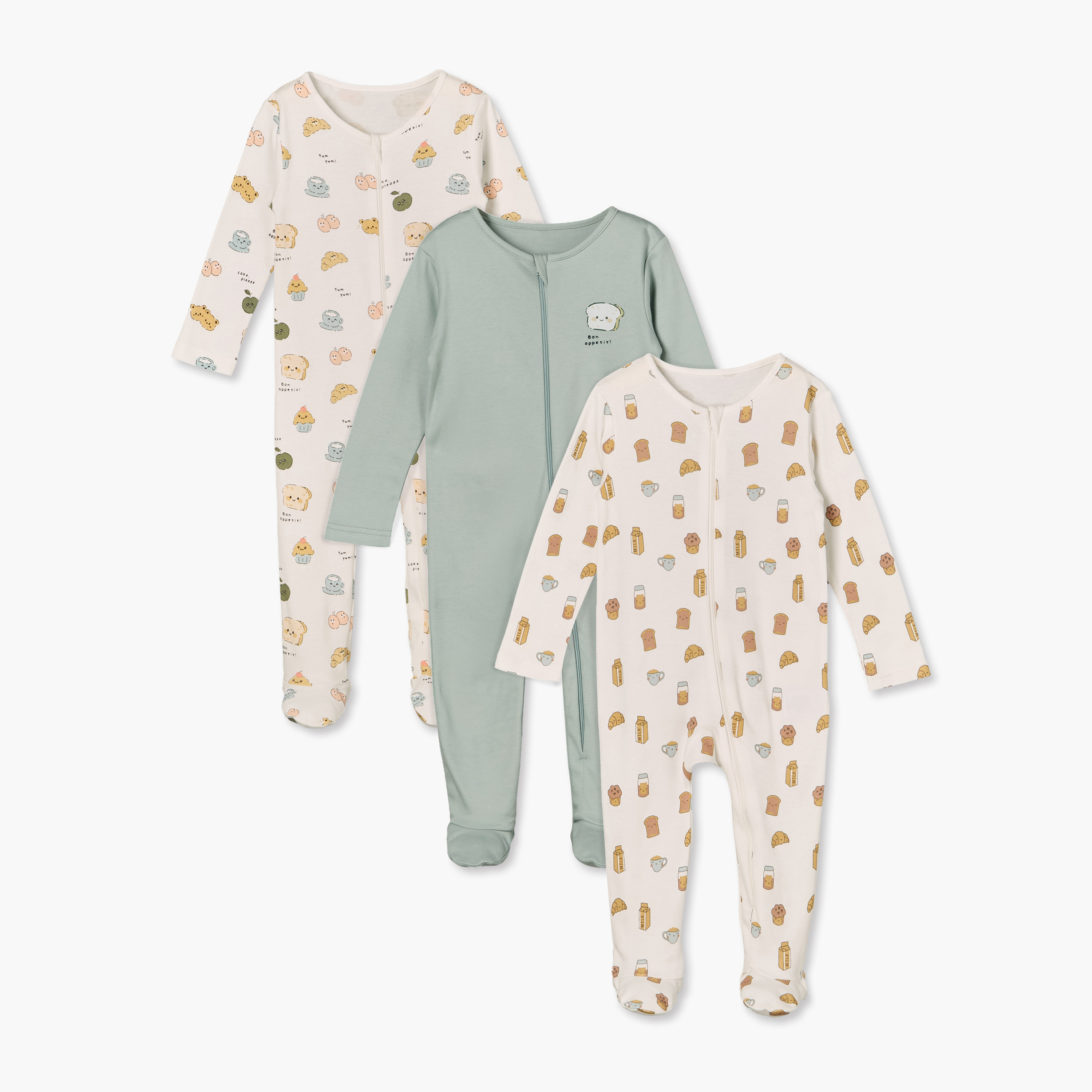 بدلة نوم قطن بياقة ضيقة وأكمام طويلة وسحّاب إغلاق من جونيورز - عبوة من 3 قطع-baby-girls-clothing-nightwear-sleepsuits-image-1