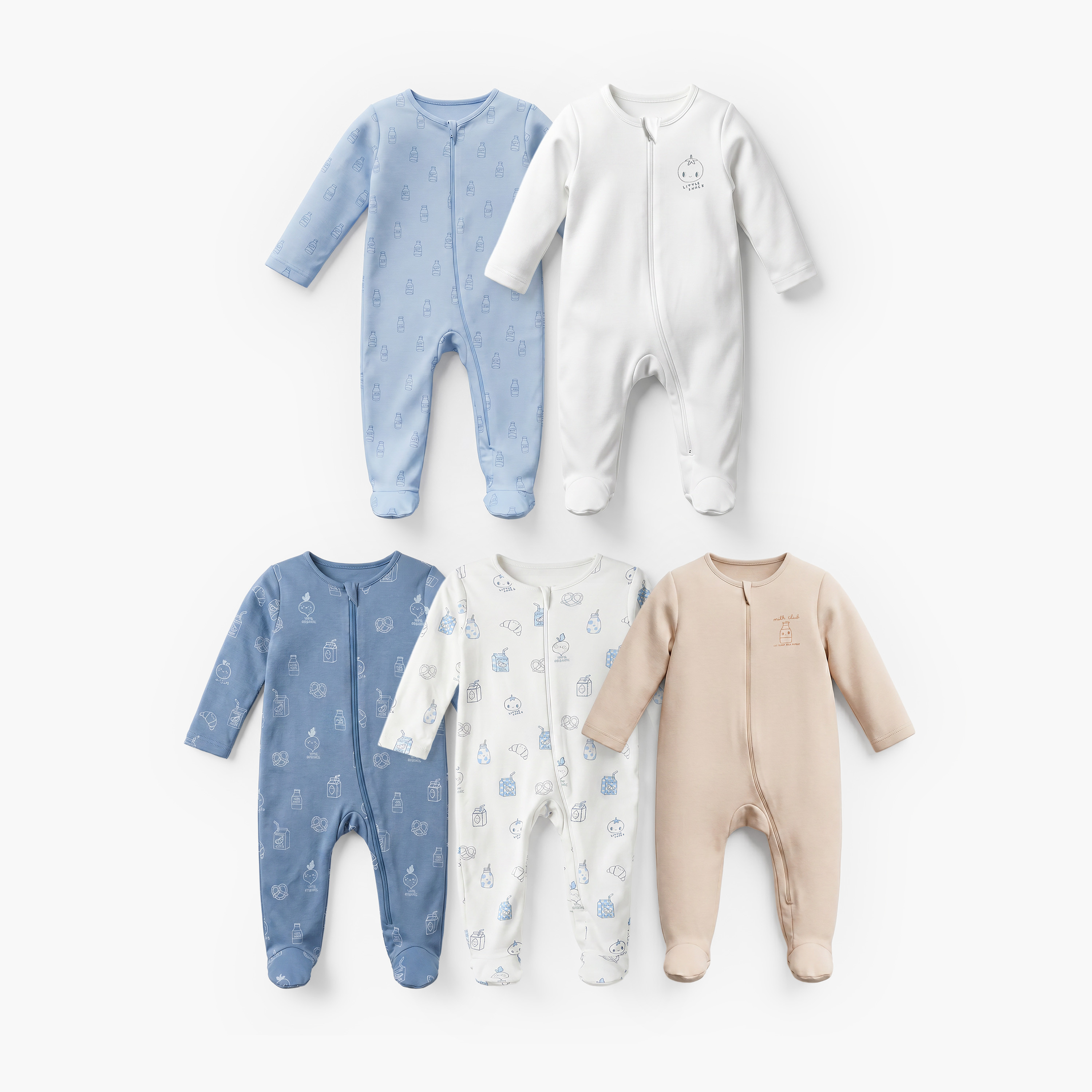 Pack of 5 Juniors Cotton Crew Neck Long Sleeve Sleepsuit with Zip Closure-baby-boys-clothing-nightwear-sleepsuits-image-1