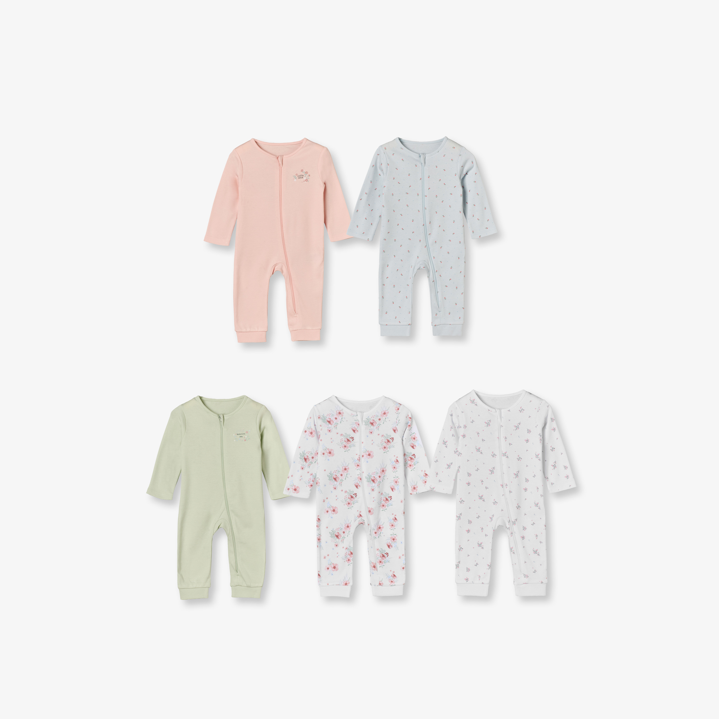 بدلات نوم قطن بطبعات أزهار وأكمام طويلة وياقة ضيقة من جونيورز - عبوة 5 قطع-baby-girls-clothing-nightwear-sleepsuits-image-1