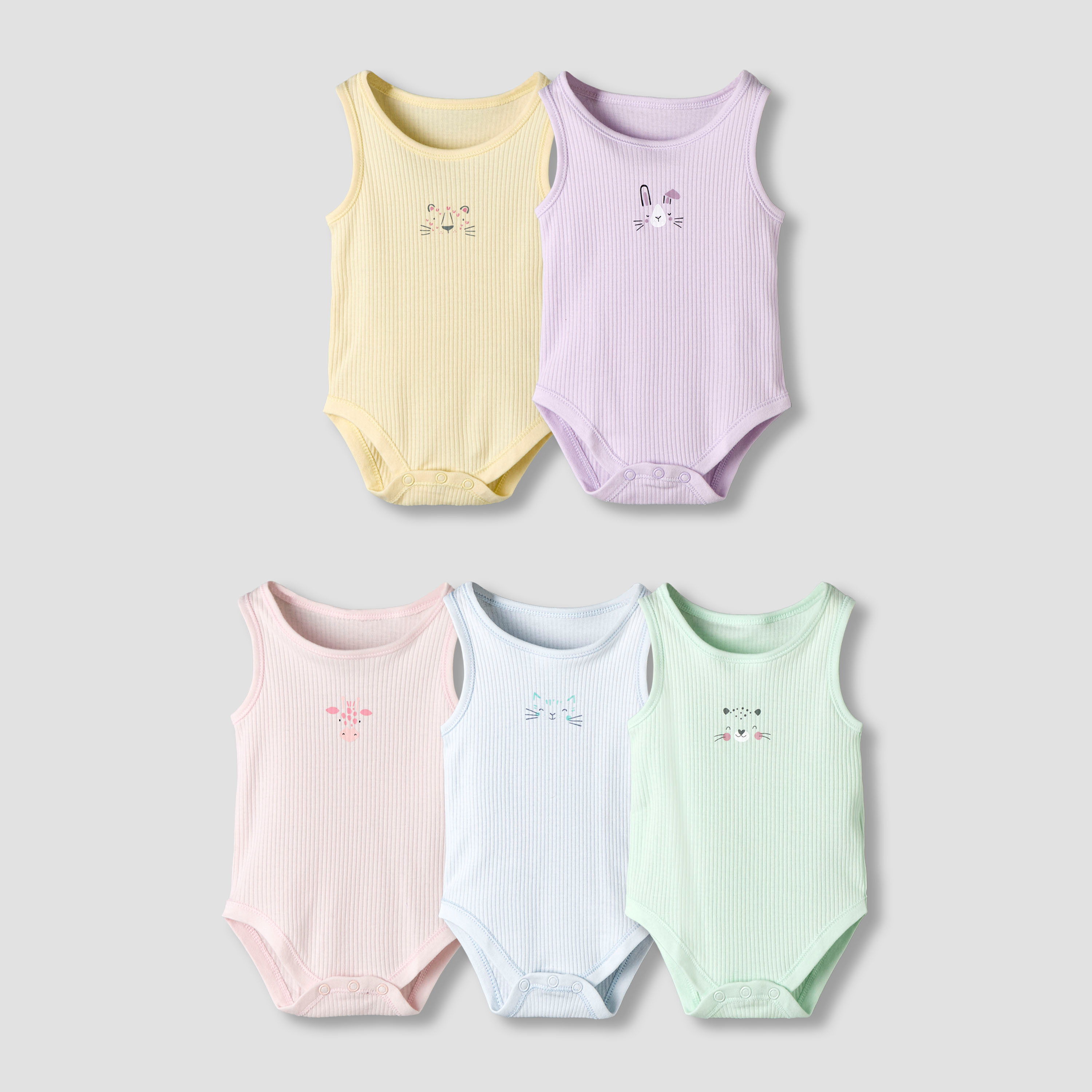 Pack of 5 Juniors Round Neck Sleeveless Bodysuit with Ribbed Design-baby-boys-clothing-bodysuits-image-1