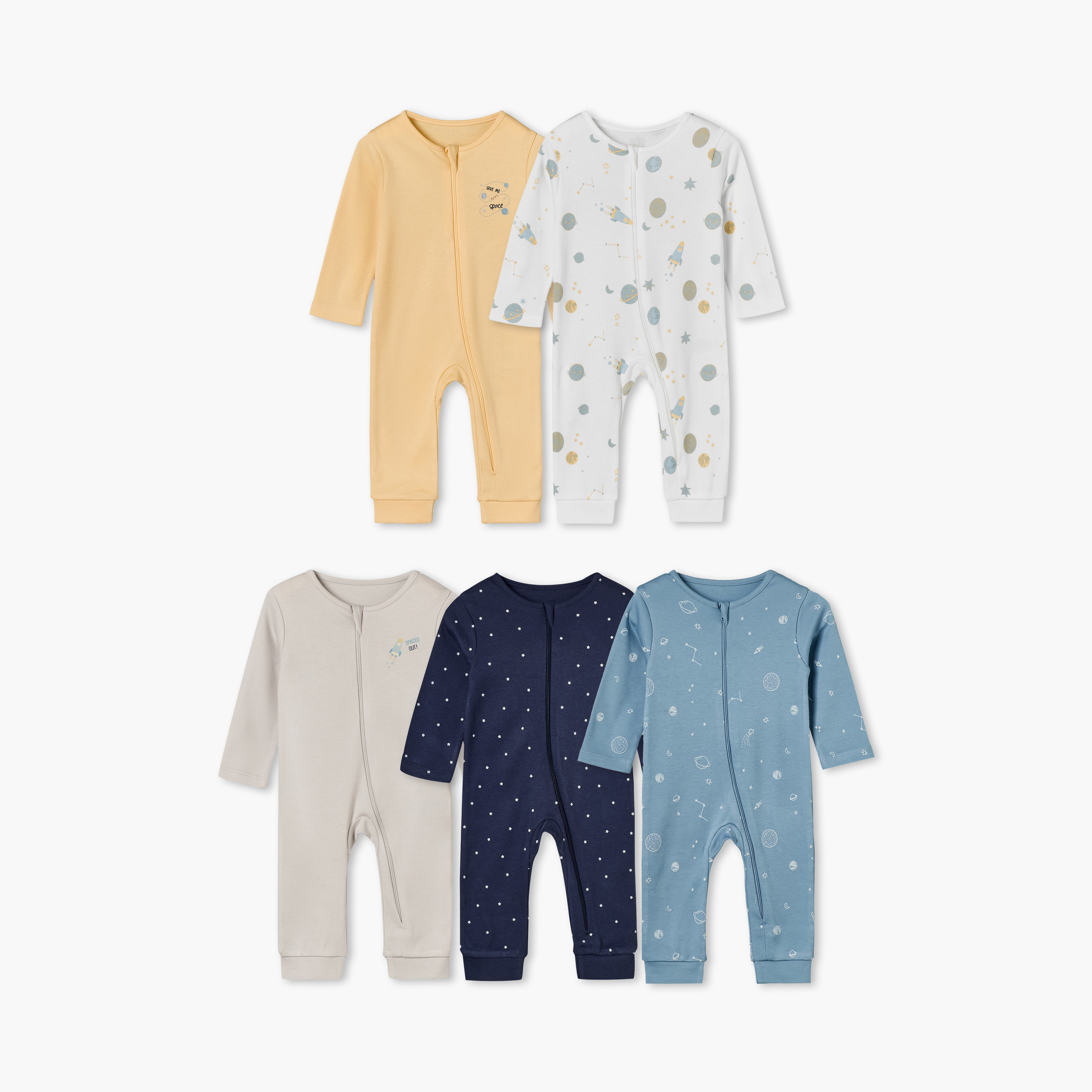 Pack of 5 Juniors Cotton Crew Neck Long Sleeves Sleepsuit with Space Print-baby-boys-clothing-nightwear-sleepsuits-image-1