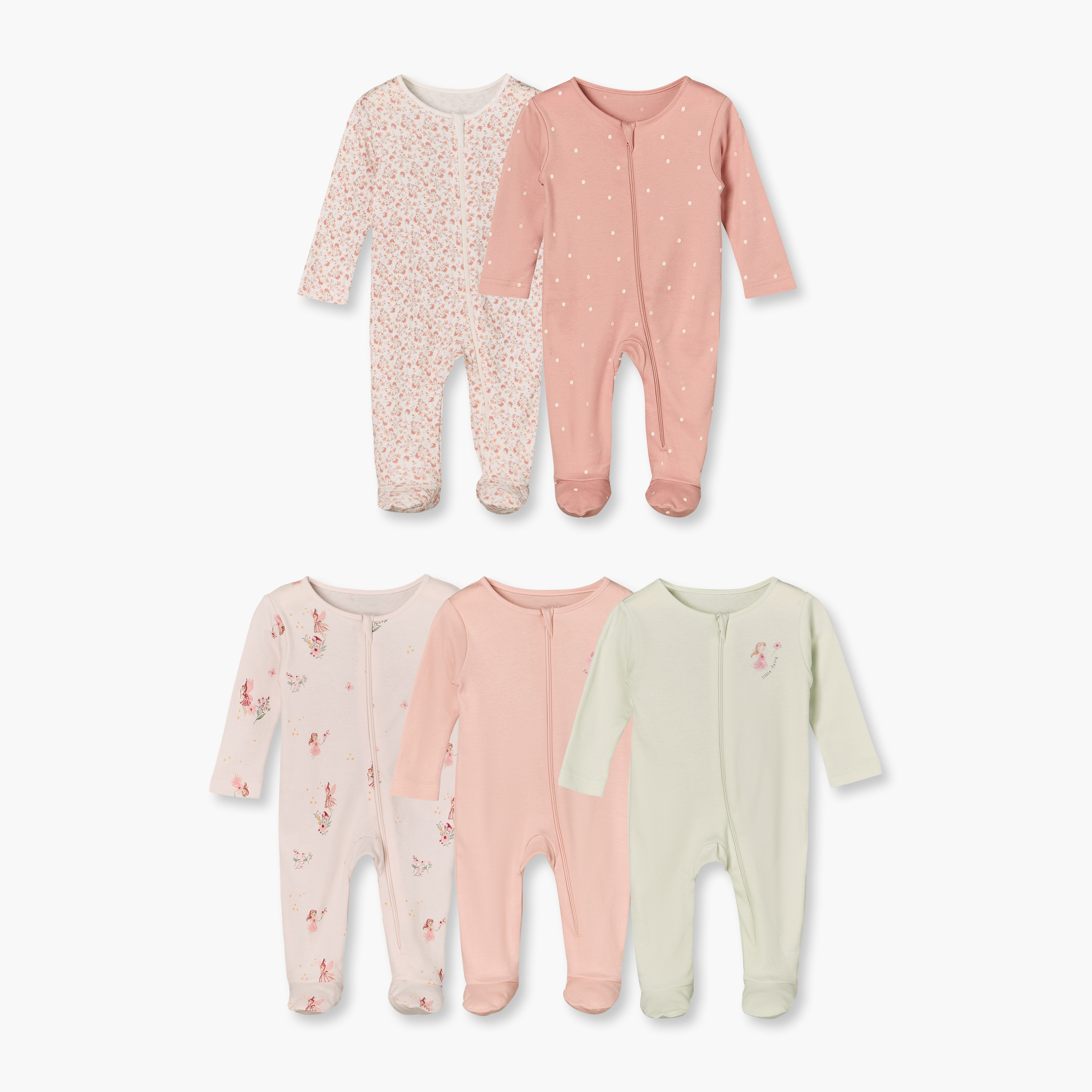 بدلة نوم قطن بياقة ضيقة وأكمام طويلة وطبعات زهرية من جونيورز - عبوة من 5 قطع-baby-girls-clothing-nightwear-sleepsuits-image-1