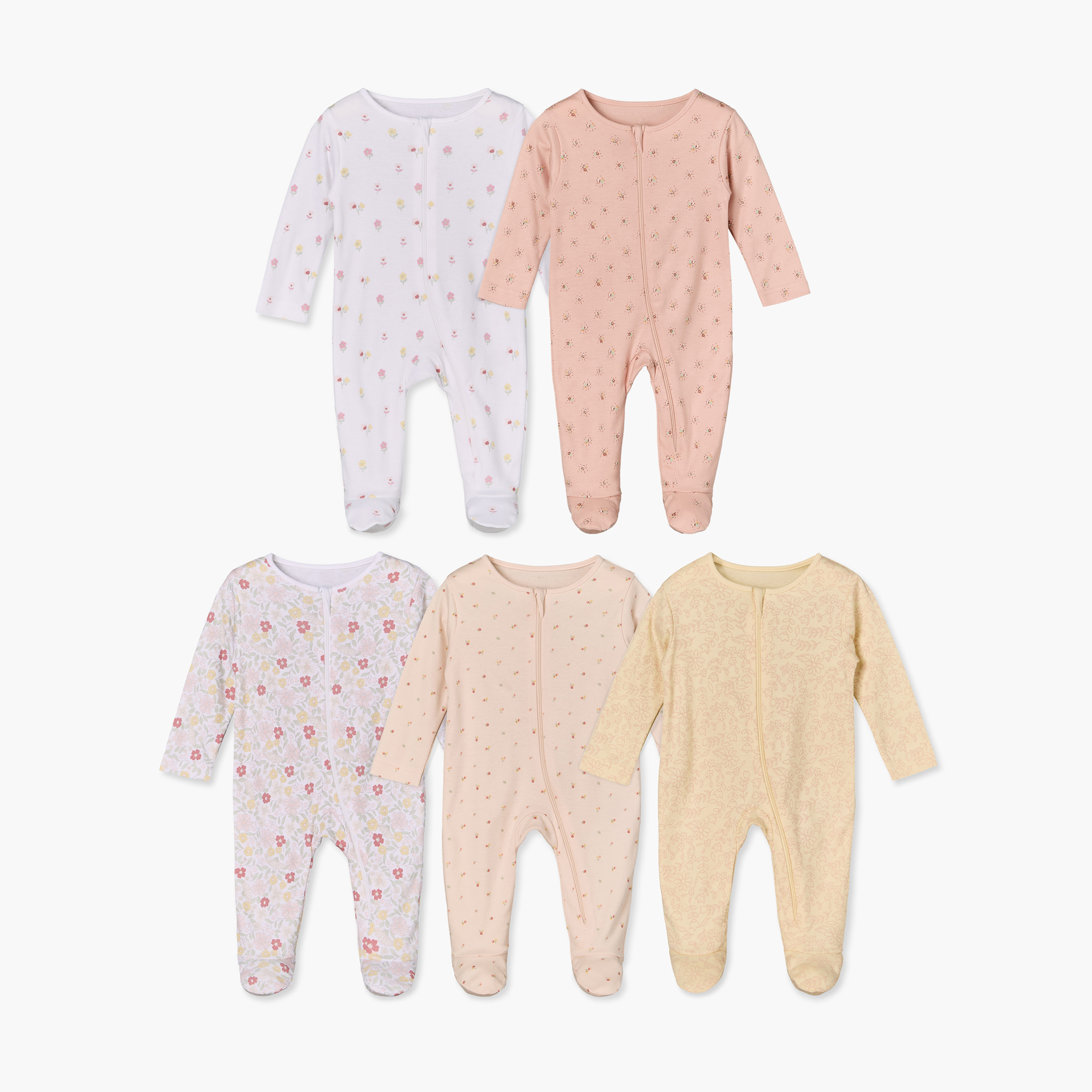 Pack of 5 Juniors Cotton Crew Neck Long Sleeves Sleepsuit with Floral Print-baby-girls-clothing-nightwear-sleepsuits-image-1