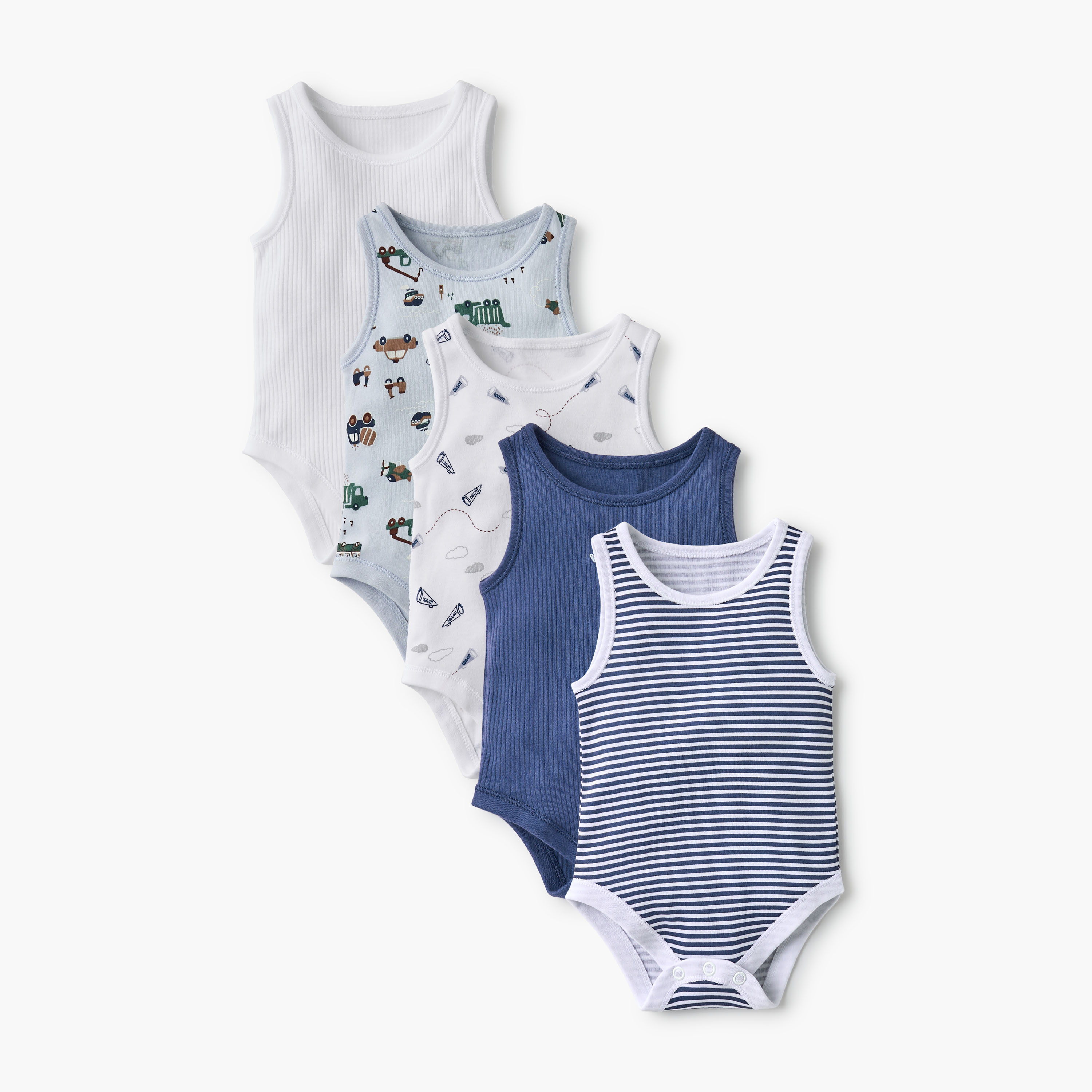 Juniors Printed Sleeveless Bodysuit with Button Closure - Set of 5-baby-boys-clothing-multipacks-image-1