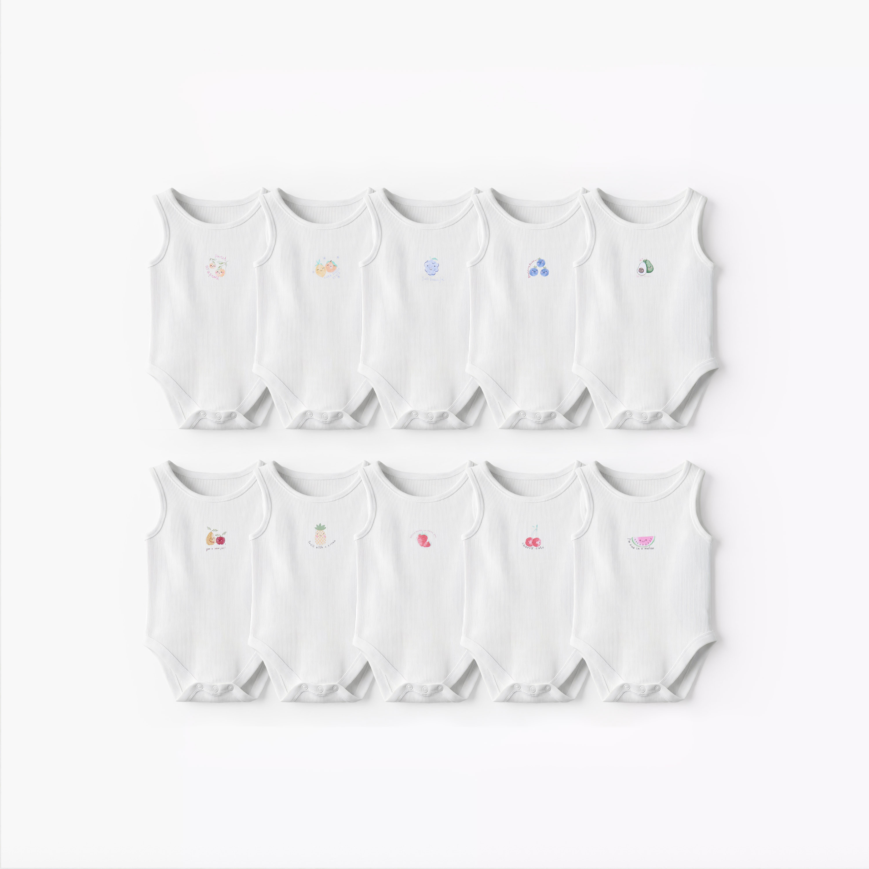 Pack of 10 Juniors Round Neck Sleeveless Bodysuit with Fruits Print-baby-boys-clothing-multipacks-image-1