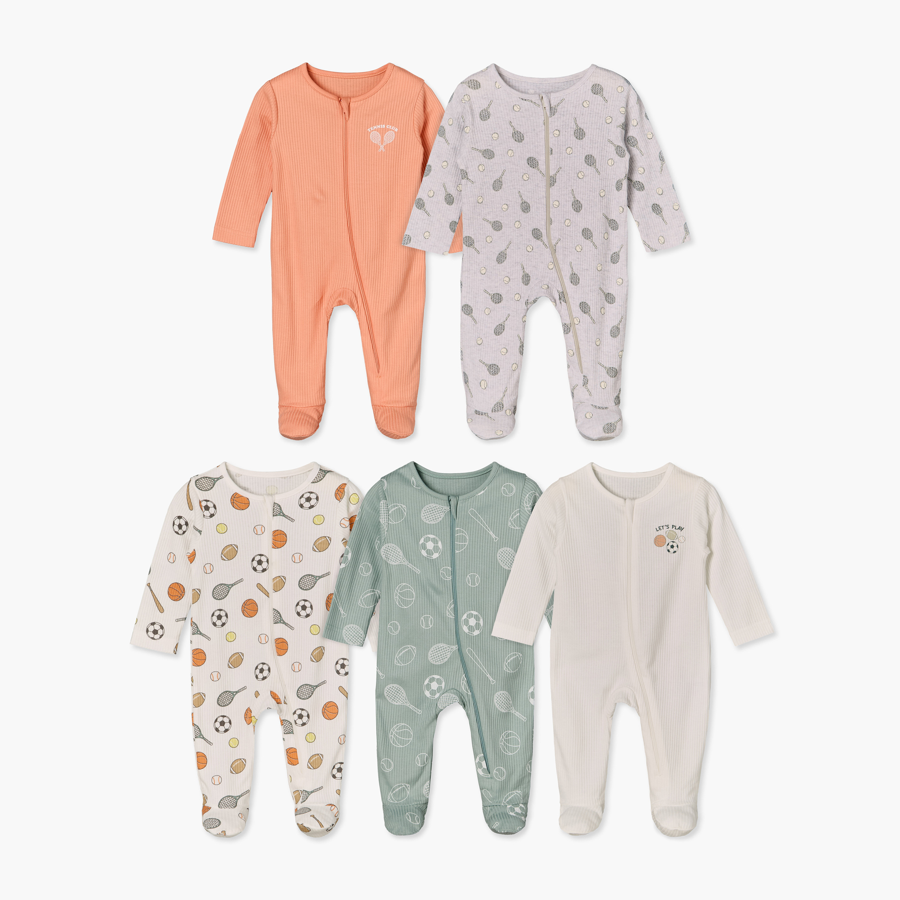 بدلات نوم قطنية بياقة ضيقة وأكمام طويلة بطبعات رياضية من جونيورز - عبوة من 5 قطع-baby-boys-clothing-nightwear-sleepsuits-image-1