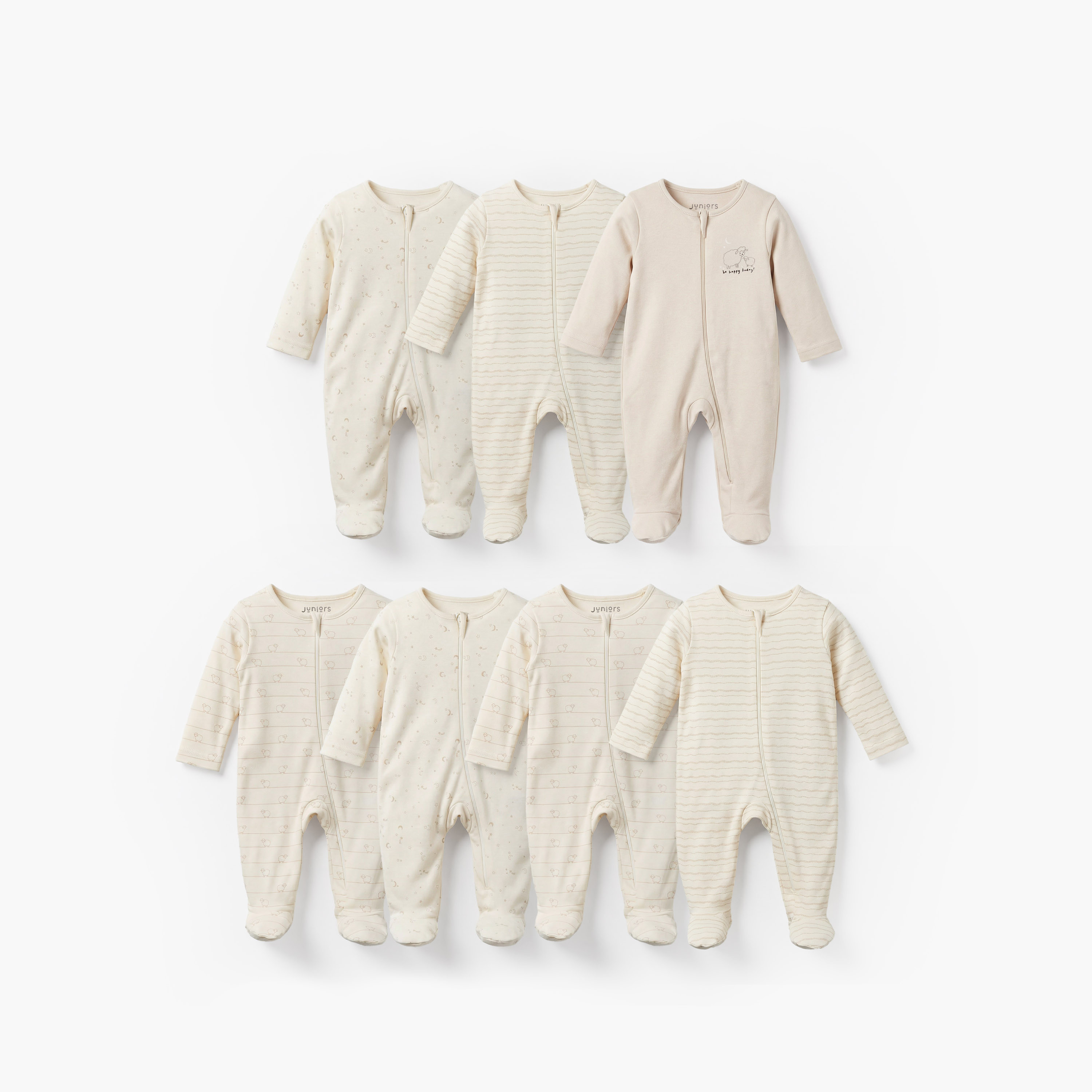 Pack of 7 Juniors Cotton Round Neck Long Sleeves Sleepsuit with Zip Closure-baby-girls-clothing-nightwear-sleepsuits-image-1