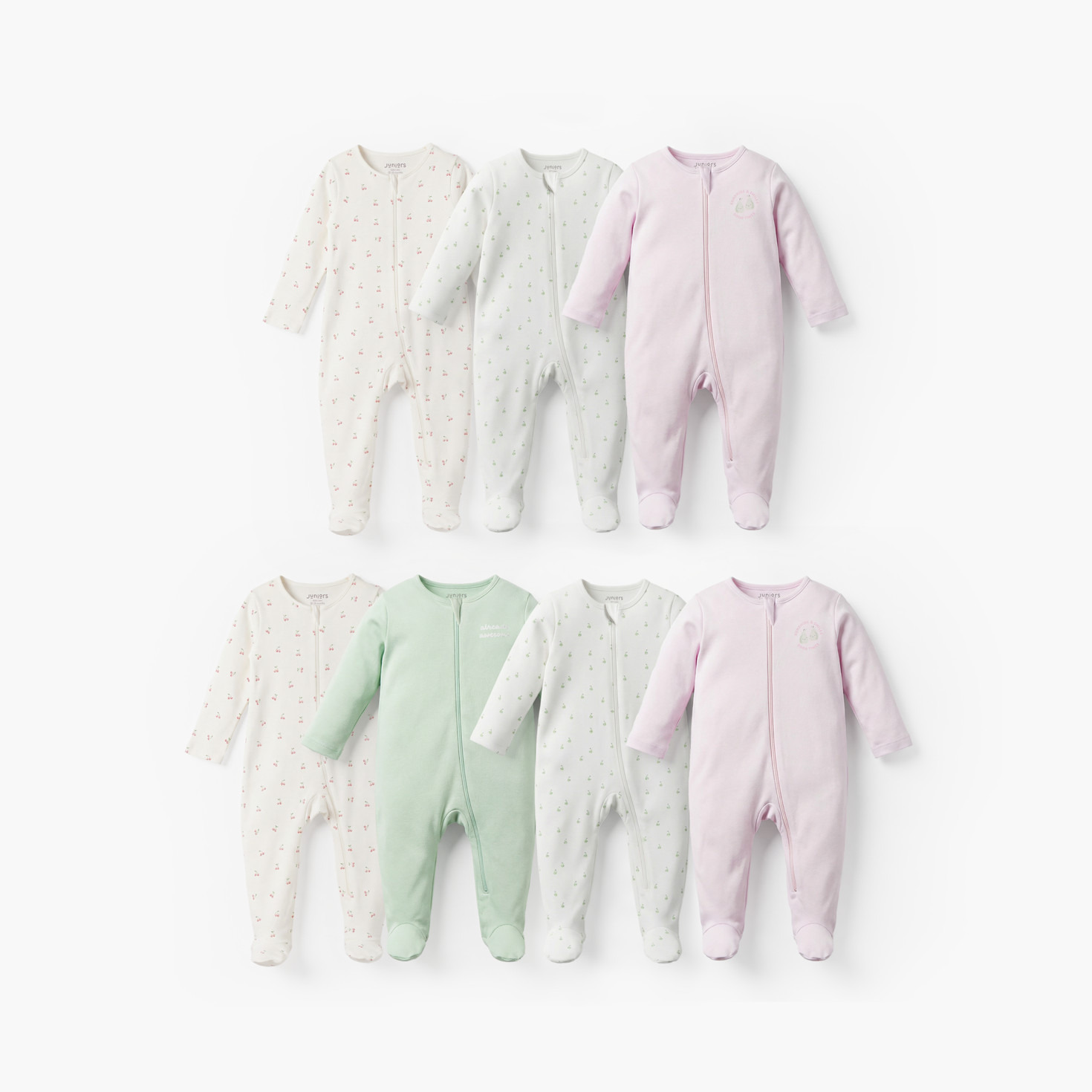 Pack of 7 Juniors Cotton Round Neck Long Sleeves Sleepsuit with Zip Closure-baby-girls-clothing-nightwear-sleepsuits-image-1