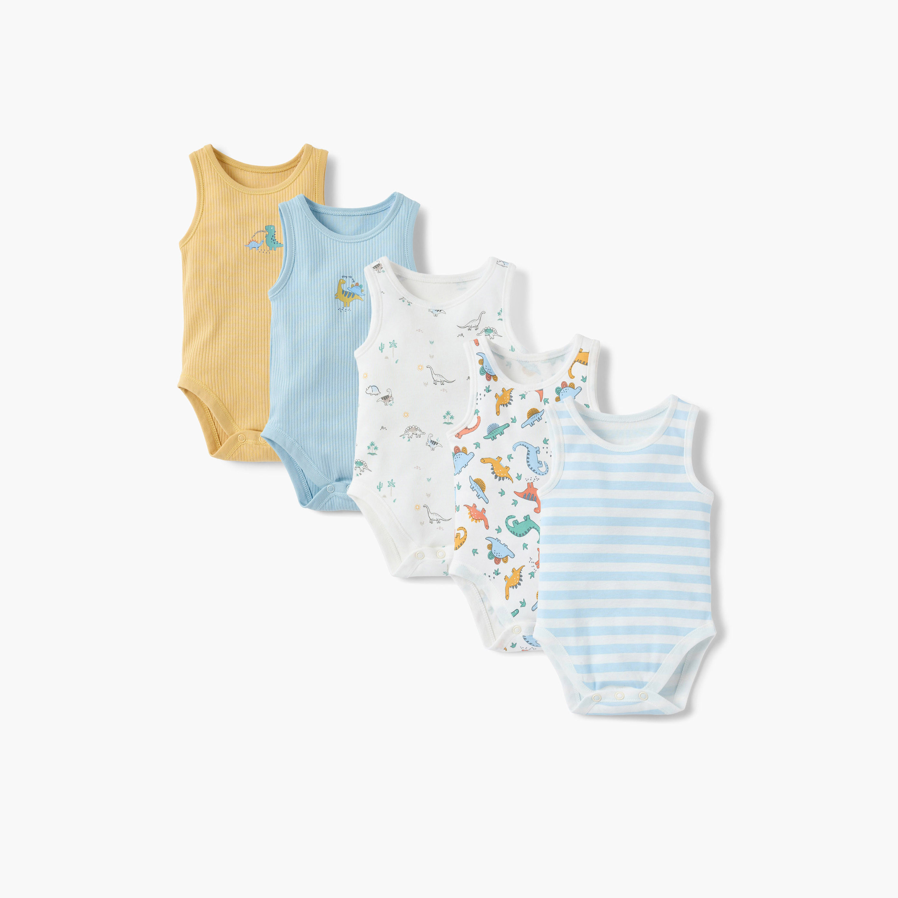 Juniors Dinosaur Print Sleeveless Bodysuit with Button Closure - Set of 5-baby-boys-clothing-multipacks-image-1